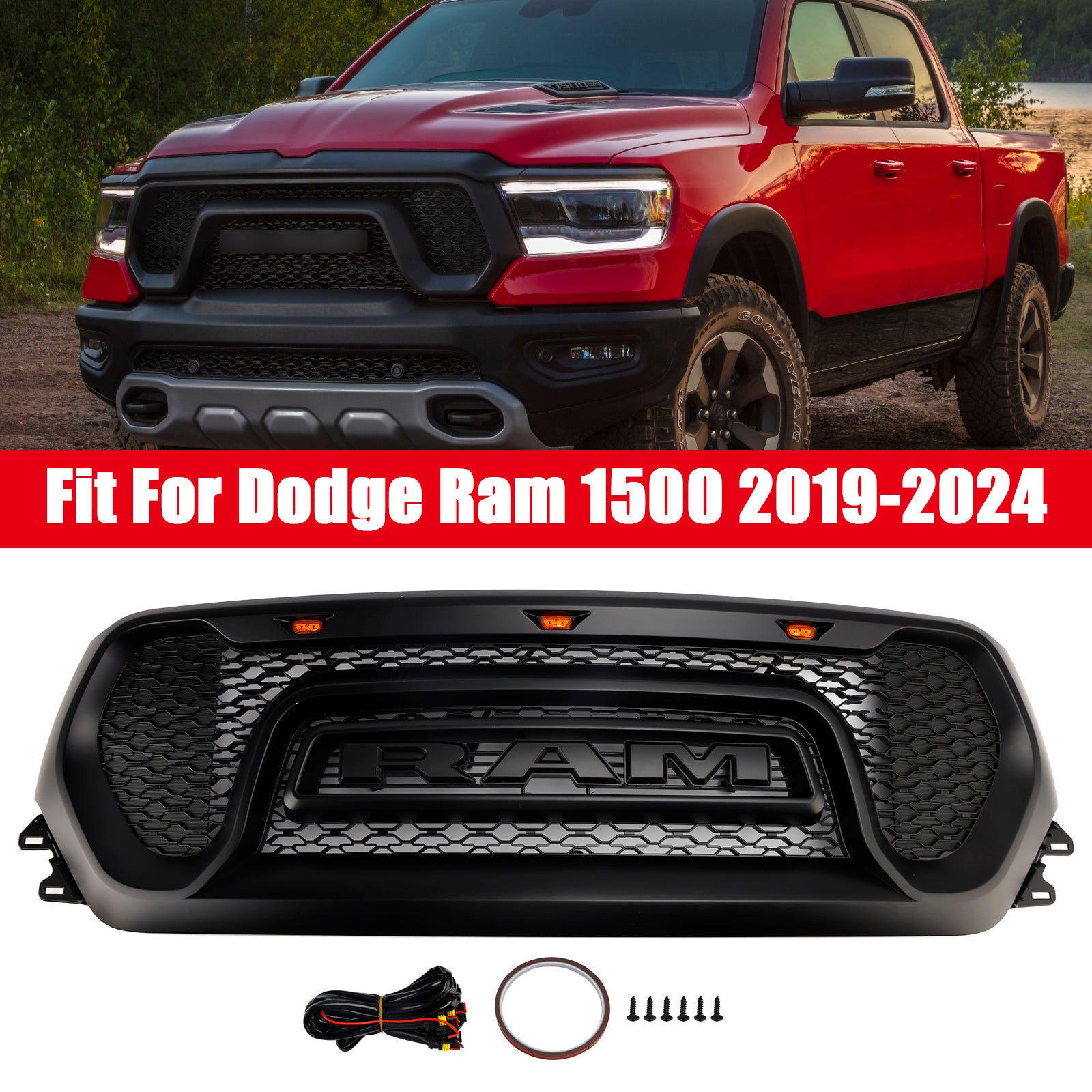 Črna zgornja maska hladilnika z vzorcem satja'čebela za Dodge Ram 1500 (2019–2024)