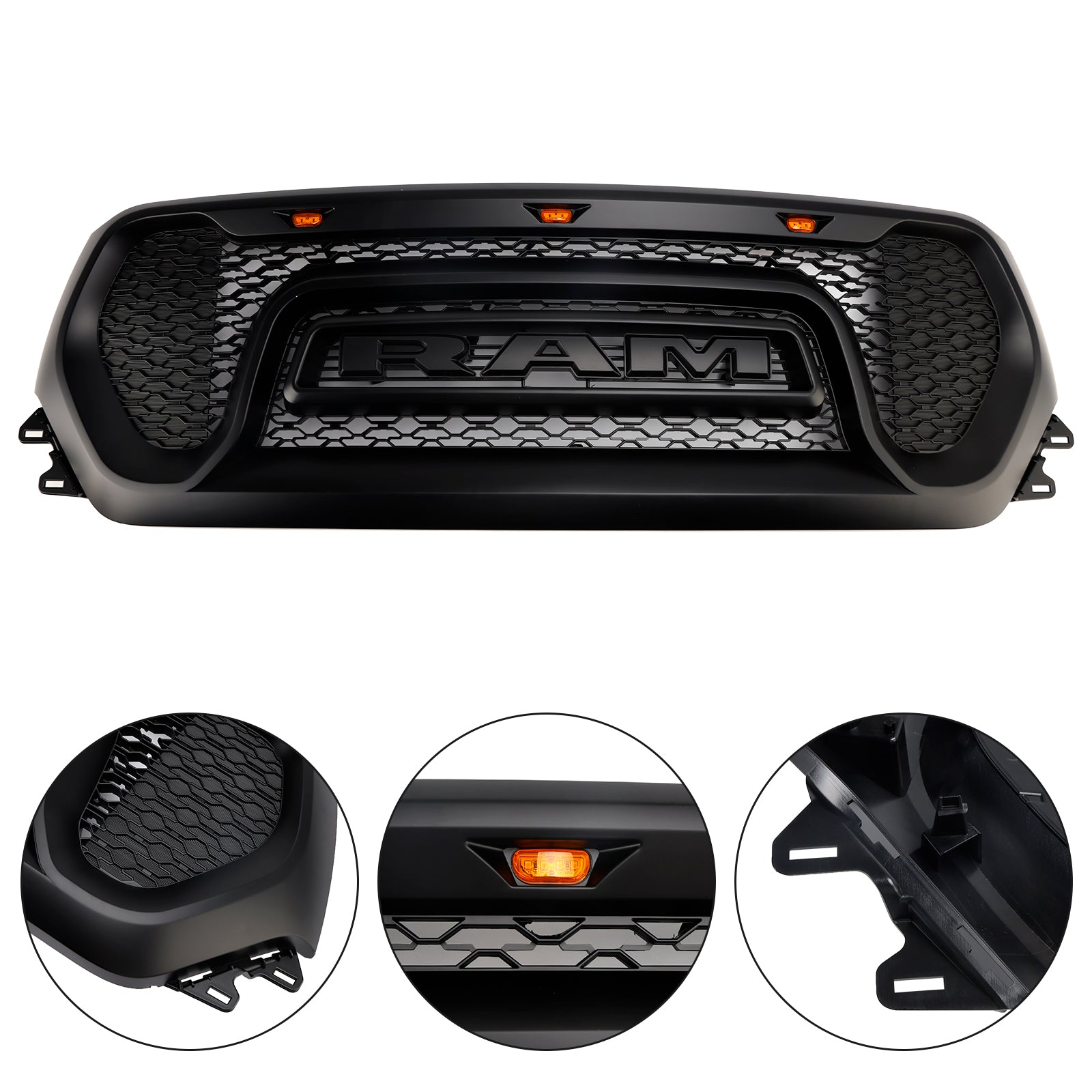 Črna zgornja maska hladilnika z vzorcem satja'čebela za Dodge Ram 1500 (2019–2024)