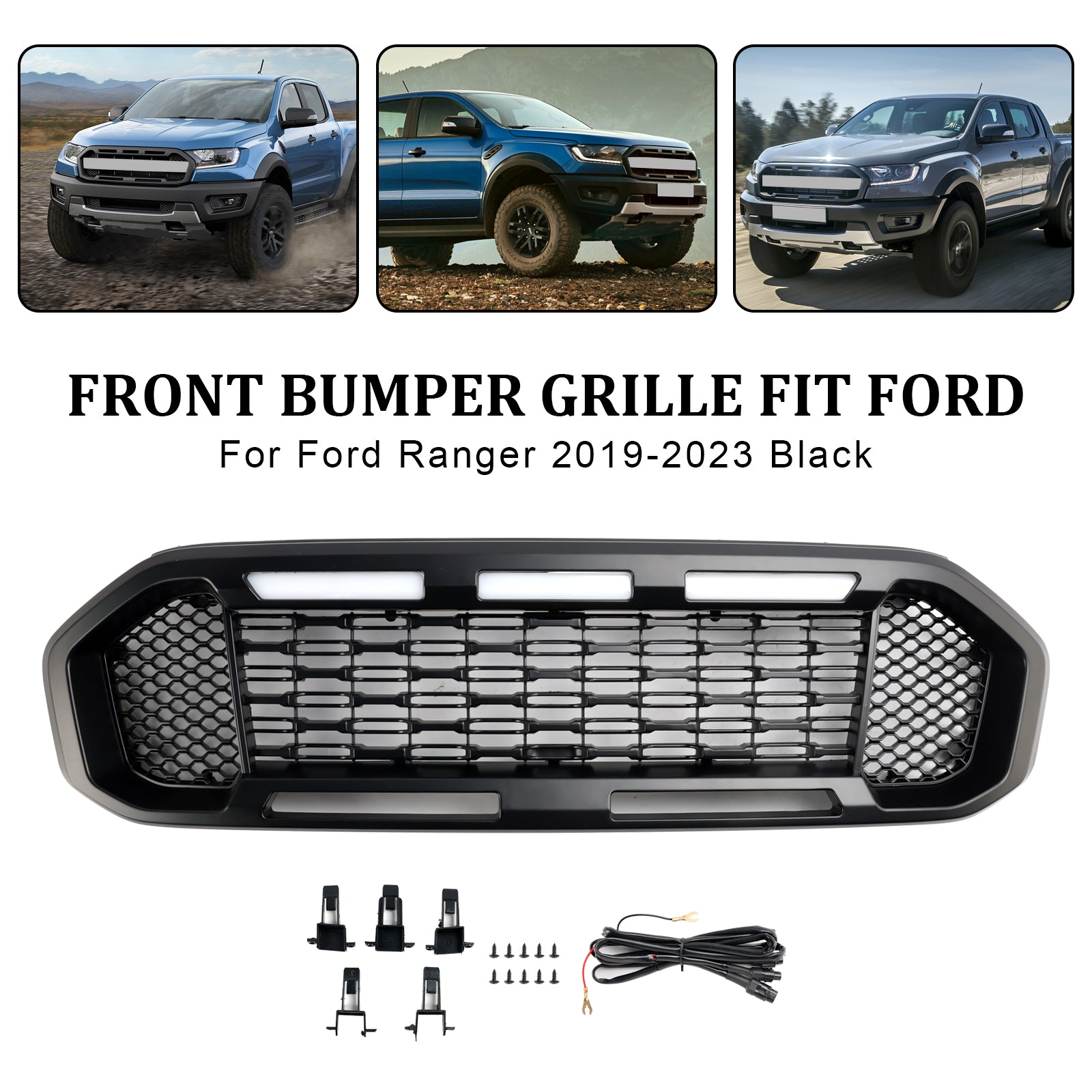 Grille de pare-chocs avant noire avec éclairage LED pour Ford Ranger T8 2019-2023