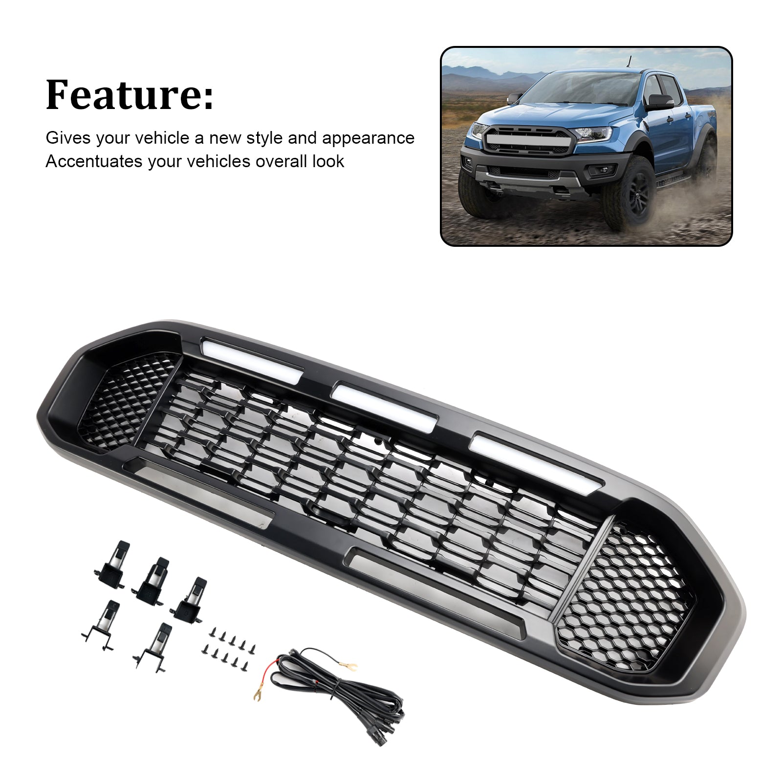 Grille de pare-chocs avant noire avec éclairage LED pour Ford Ranger T8 2019-2023