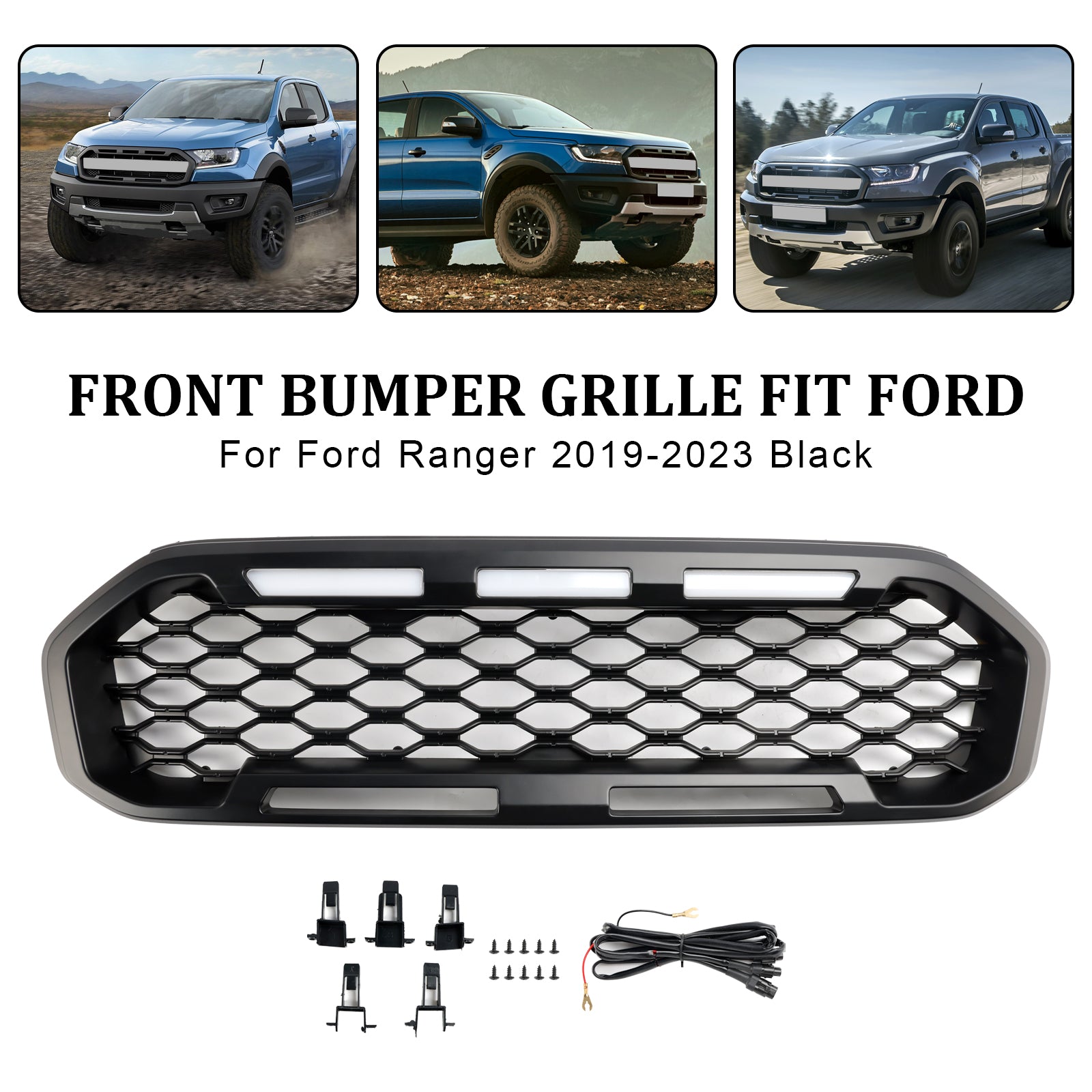 Grille de pare-chocs avant noire avec éclairage LED pour Ford Ranger T8 2019-2023