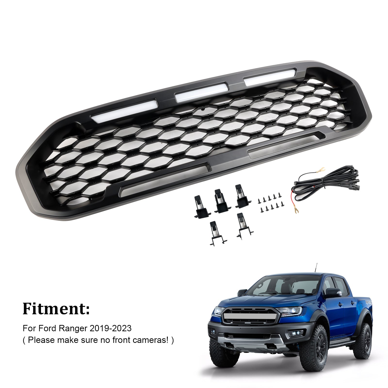 Grille de pare-chocs avant noire avec éclairage LED pour Ford Ranger T8 2019-2023