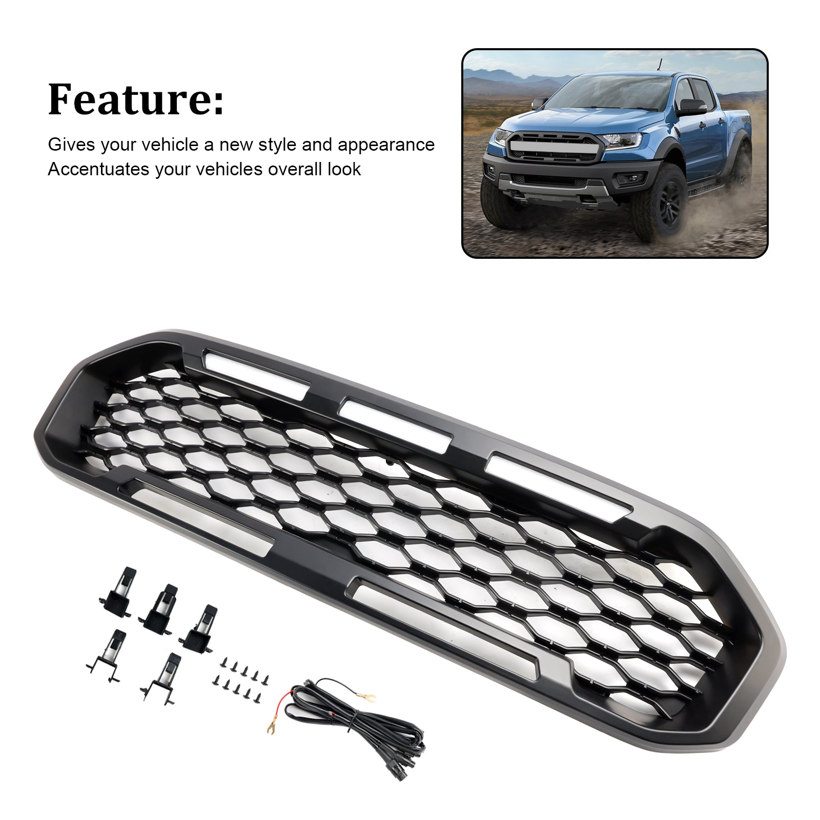 Grille de pare-chocs avant noire avec éclairage LED pour Ford Ranger T8 2019-2023