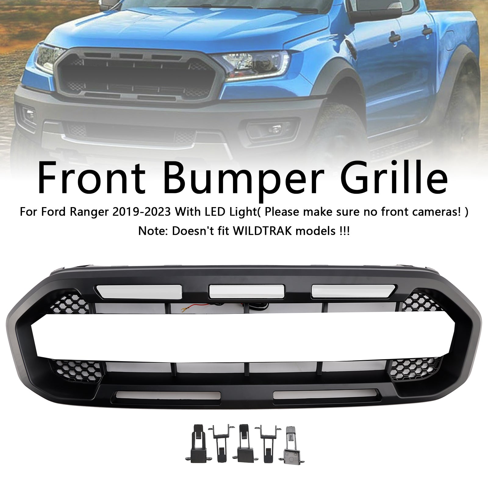 Grille de pare-chocs avant style Raptor pour Ford Ranger 2019-2023, noire
