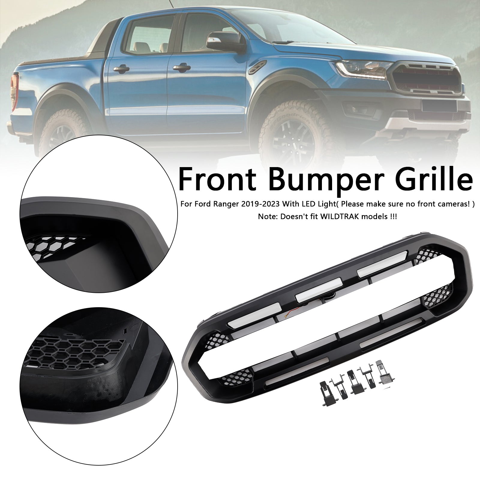 Grille de pare-chocs avant style Raptor pour Ford Ranger 2019-2023, noire