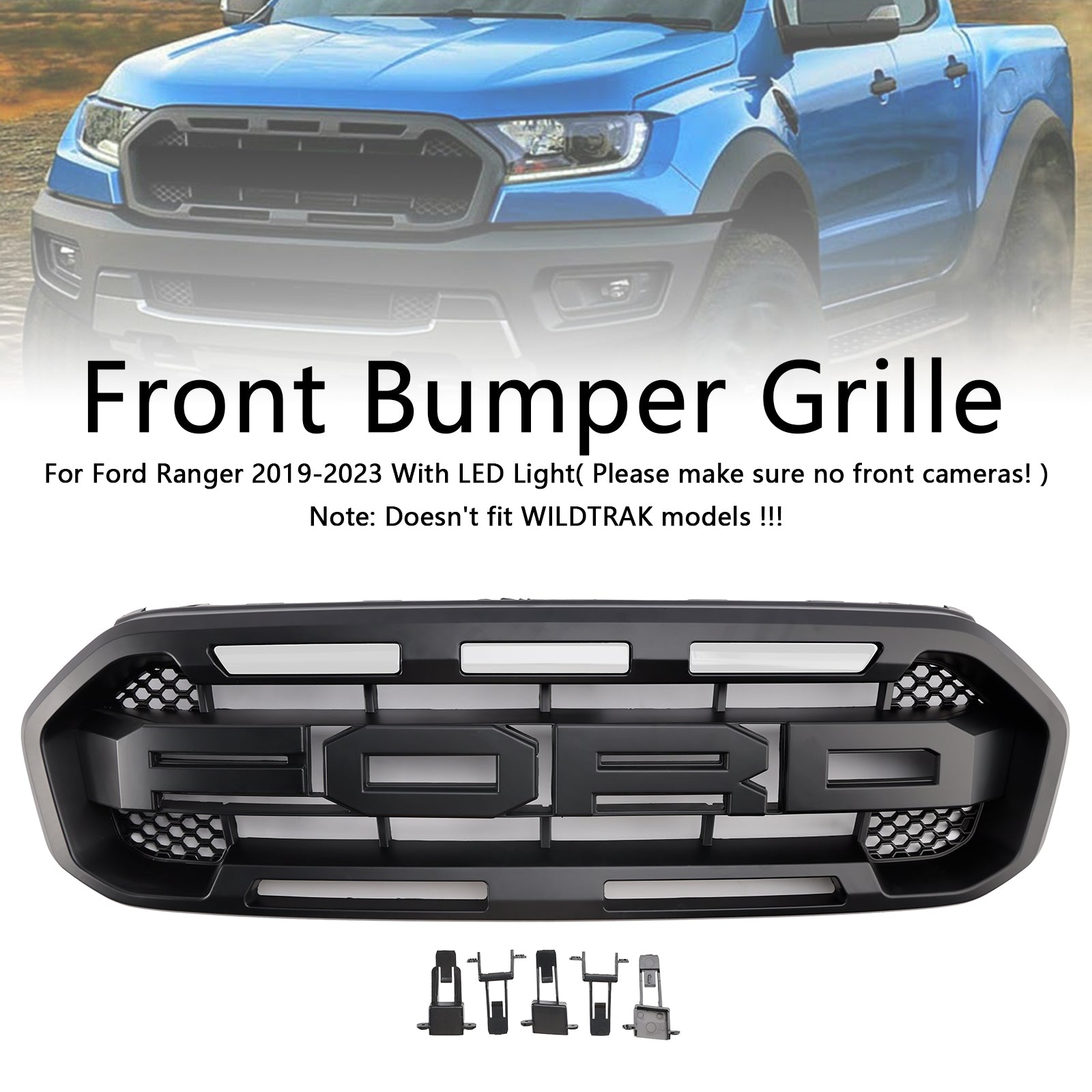 Grille de pare-chocs avant style Raptor pour Ford Ranger 2019-2023, noire