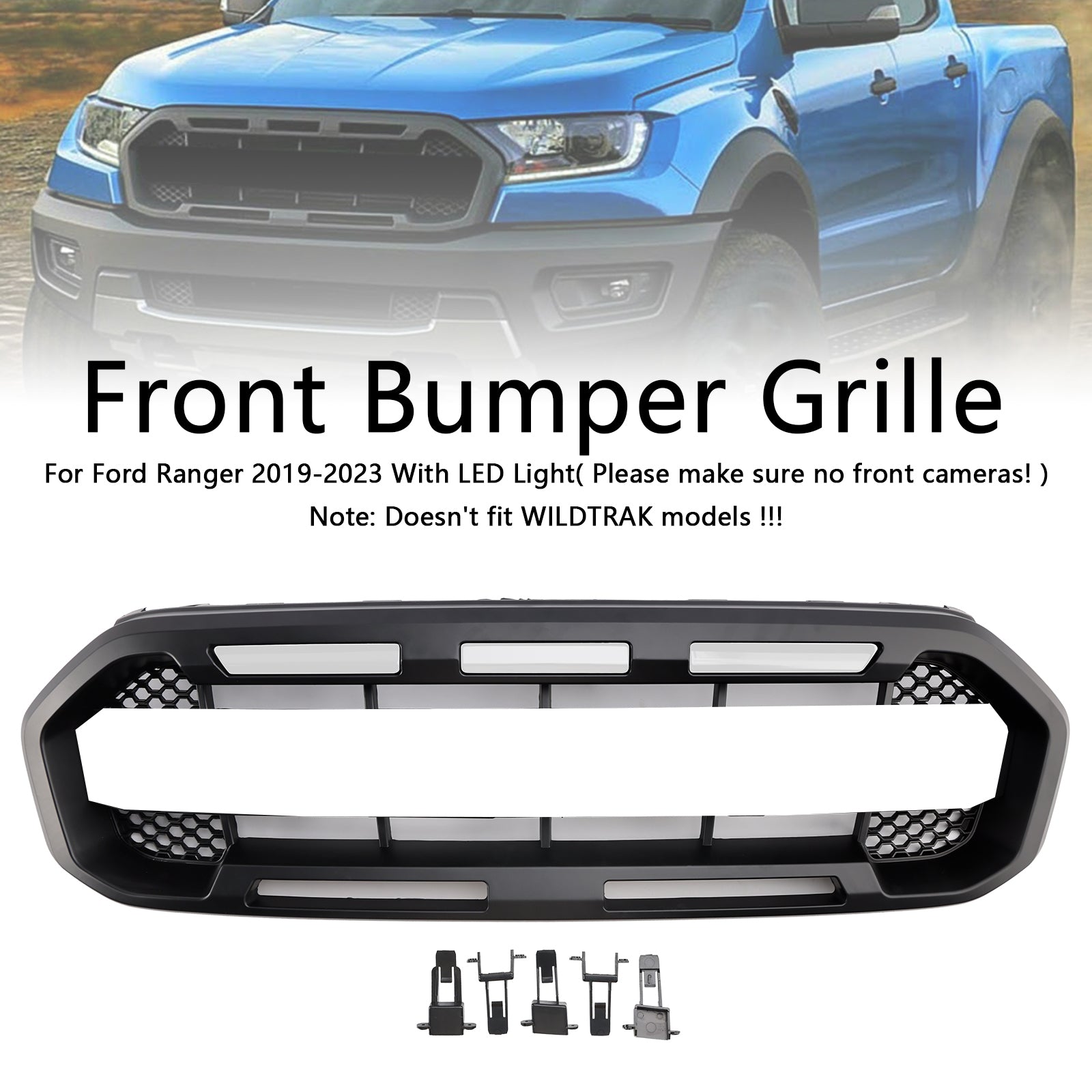 Grille de pare-chocs avant style Raptor pour Ford Ranger 2019-2023, noire