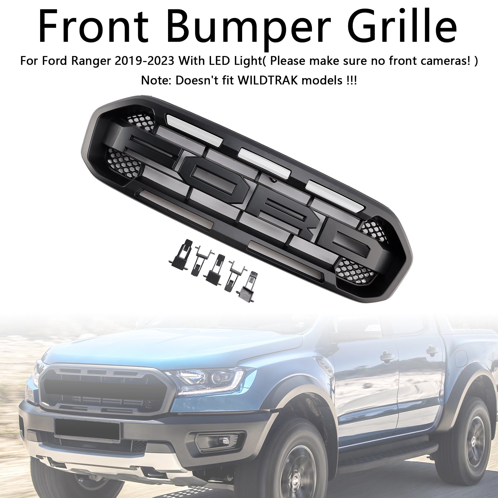 Grille de pare-chocs avant style Raptor pour Ford Ranger 2019-2023, noire