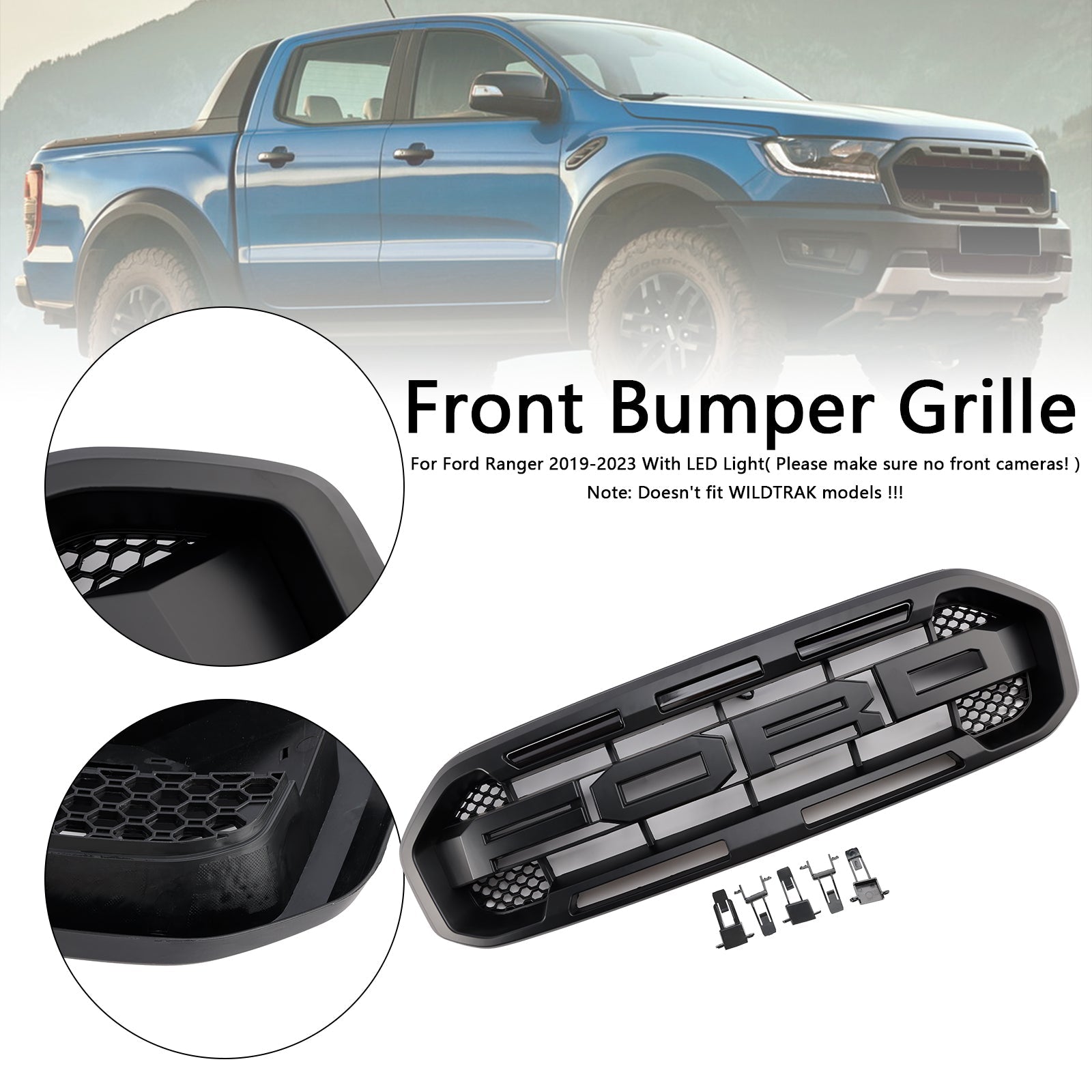 Grille de pare-chocs avant noire style Raptor pour Ford Ranger 2019-2023
