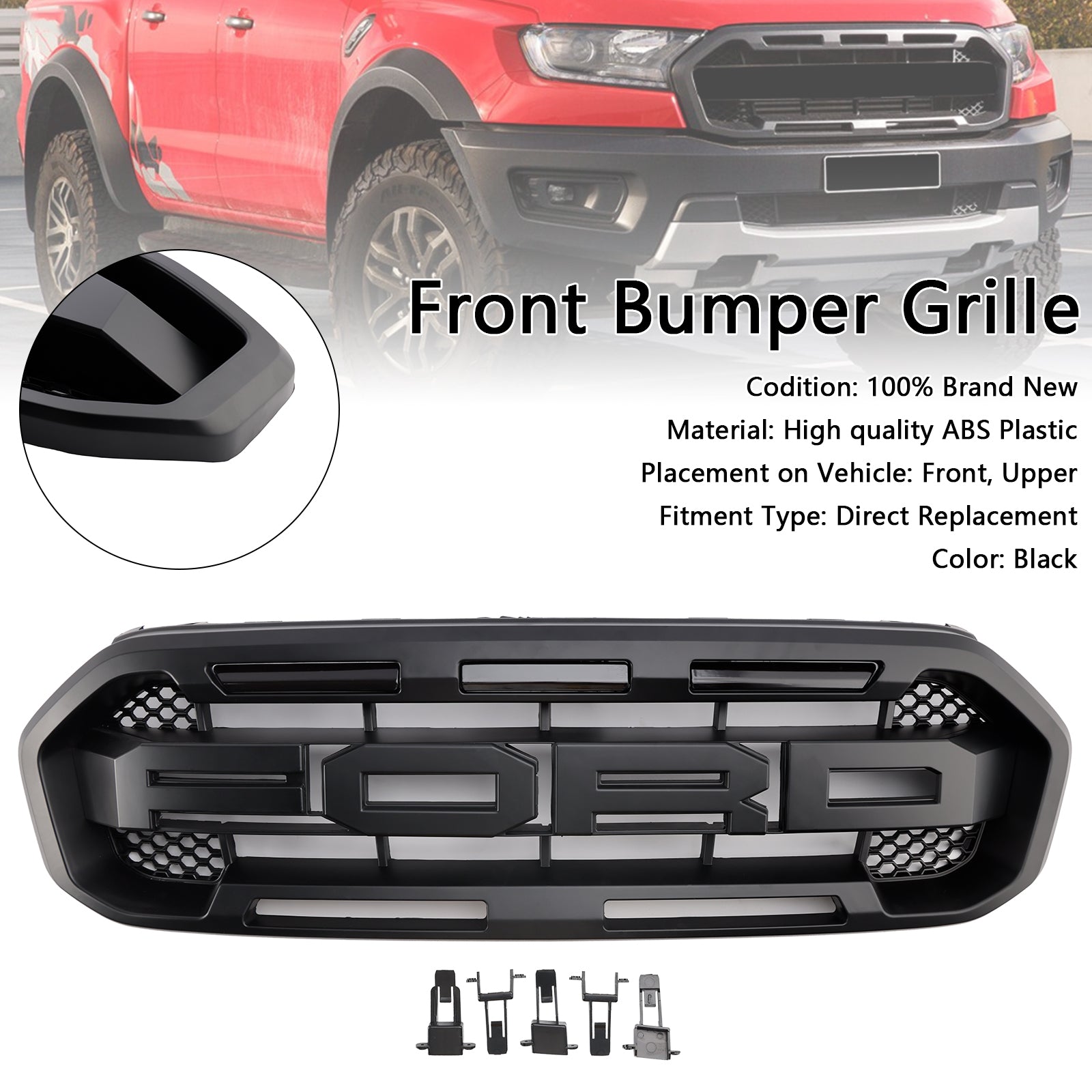 Grille de pare-chocs avant noire style Raptor pour Ford Ranger 2019-2023