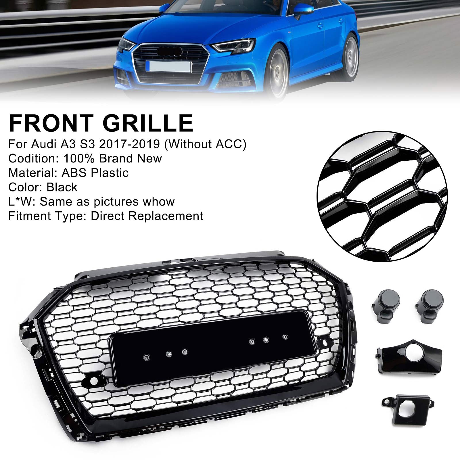 2017-2019 Audi A3 S3 8V RS3 Grille de pare-chocs avant en maille nid d'abeille Style RS3 noir non ACC