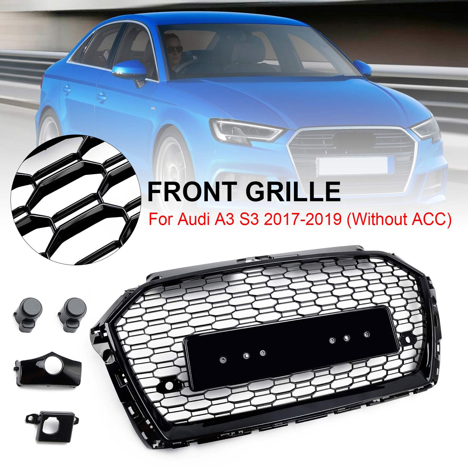2017-2019 Audi A3 8V RS3 Style Przedni zderzak Kratka o strukturze plastra miodu Czarna
