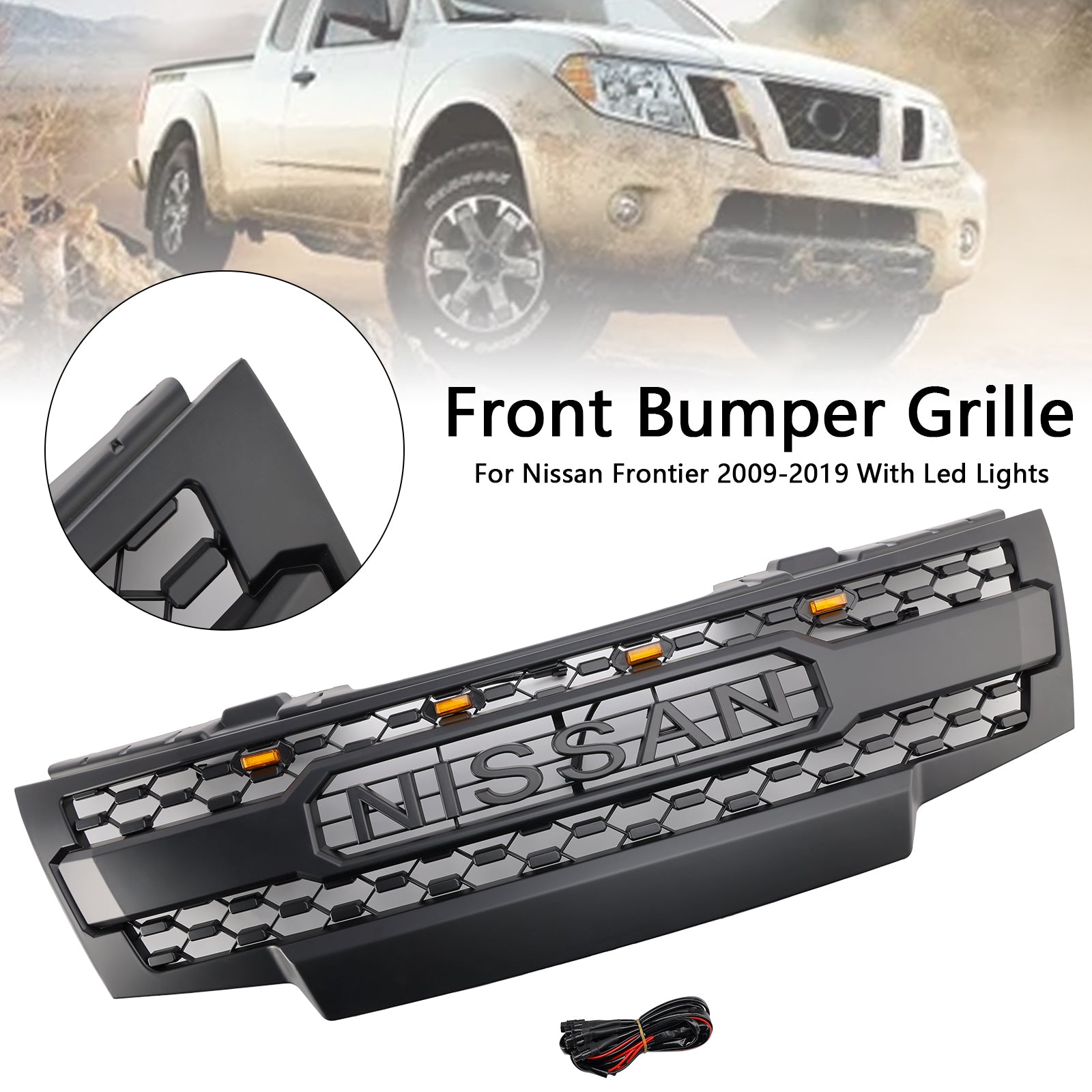 Cuadrícula de parachoques delantero negro con iluminación LED para Nissan Frontier 2009-2019