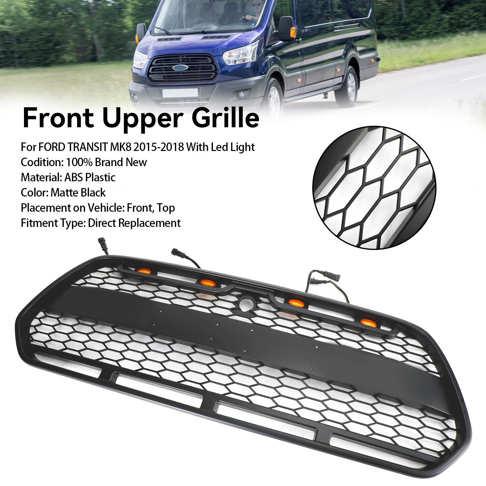 Matzwarte voorbumpergrille met LED voor Ford Transit MK8 2015-2018 Raptor