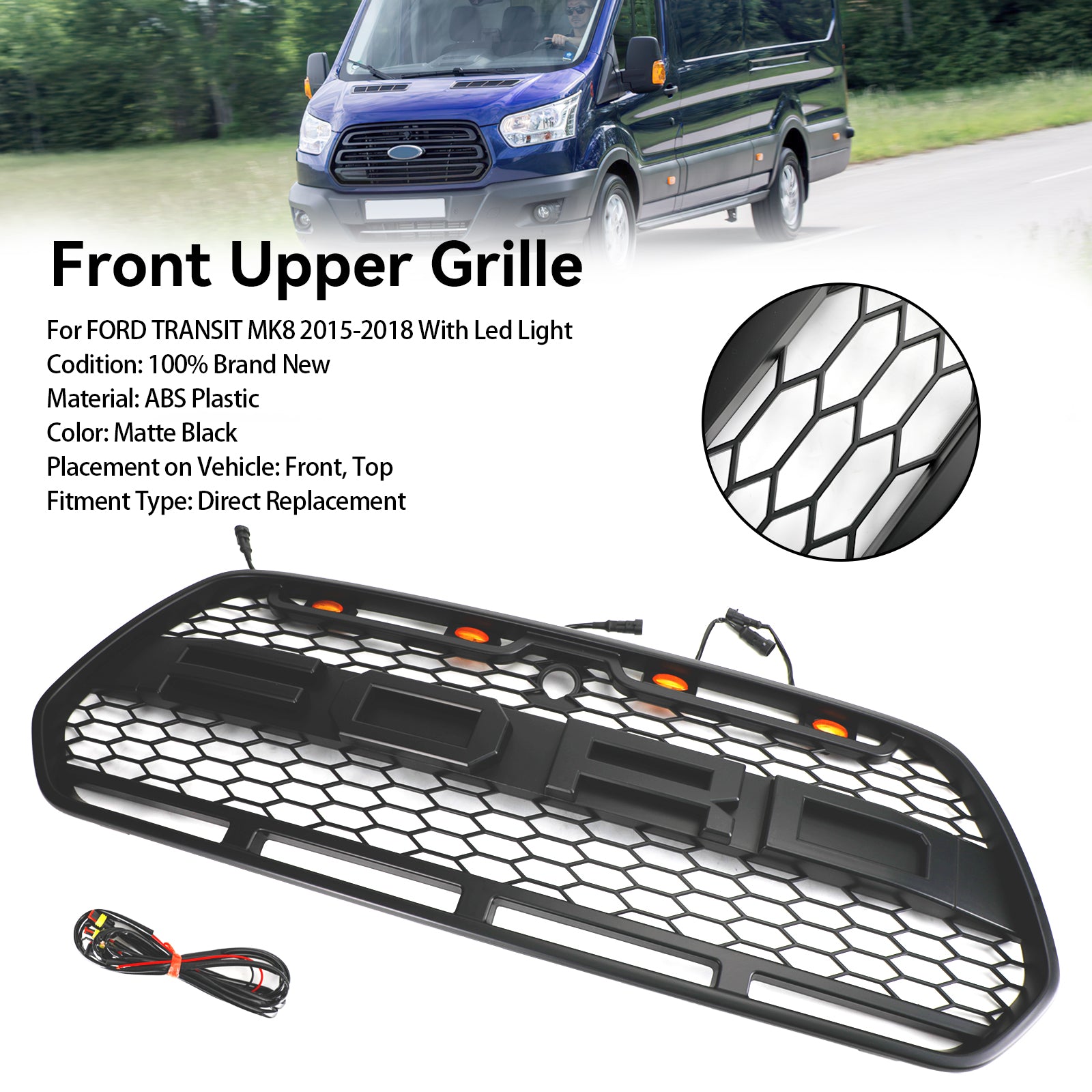 Grille de pare-chocs avant noire mate avec LED pour Ford Transit MK8 2015-2018 Raptor