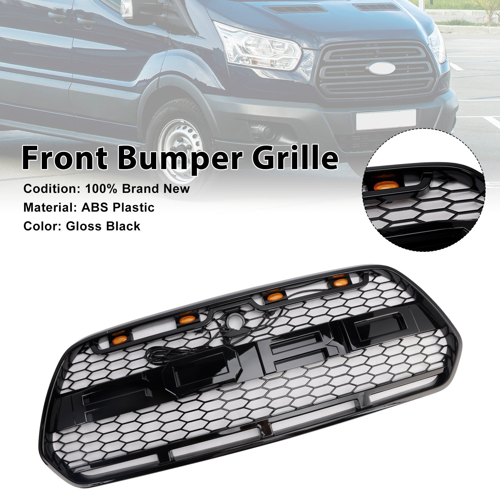 Grille de Bumper Black Front Błyszcząca LED dla Ford Transit MK8 Raptor 2015-2018