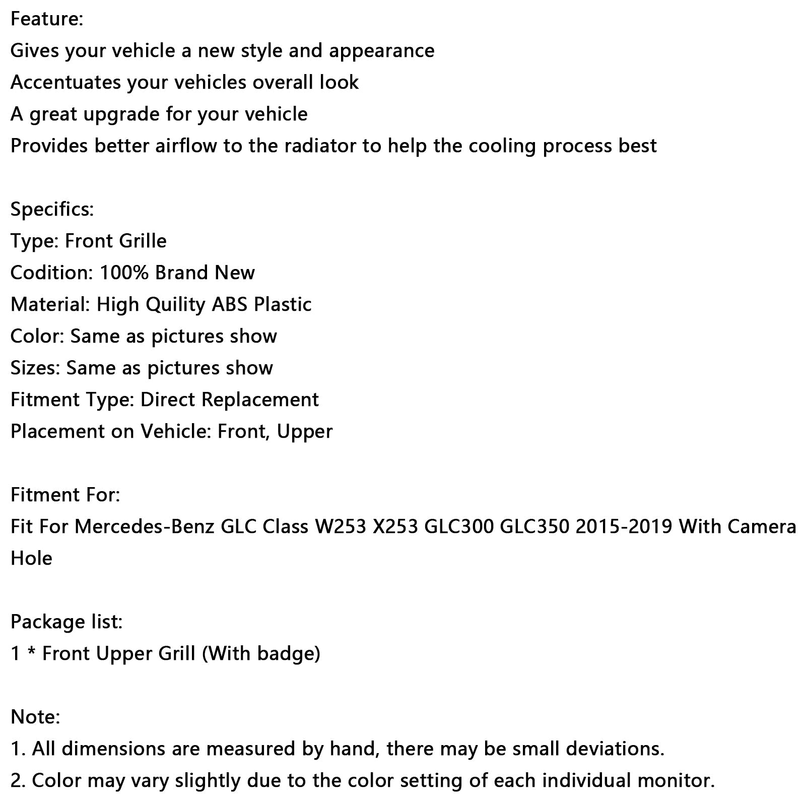 Grille de pare-chocs avant noire brillante pour Mercedes Benz GLC X253 C253 2015-2019