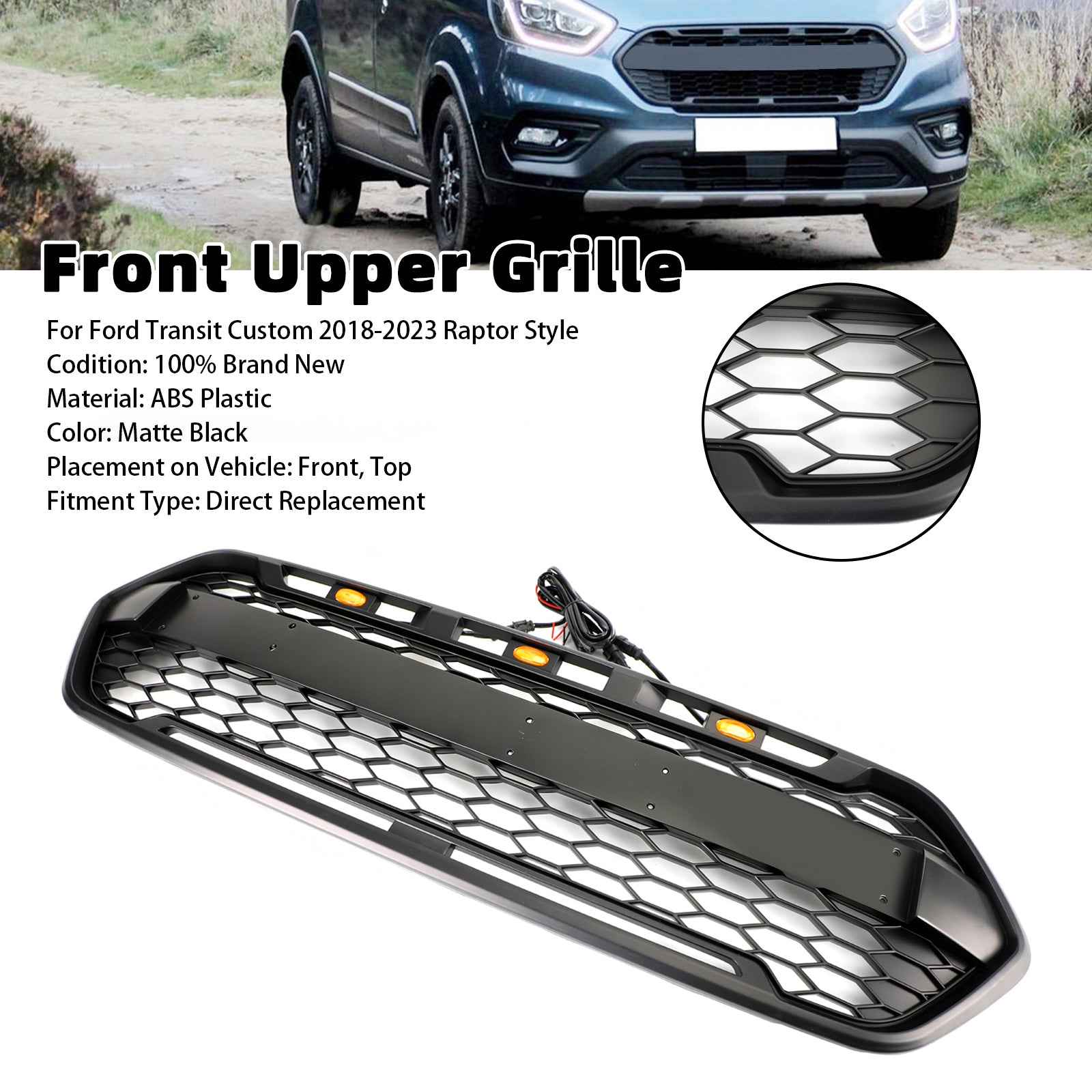 Matzwarte voorbumpergrille voor Ford Transit Custom Trail 2018-2023 met 3LED