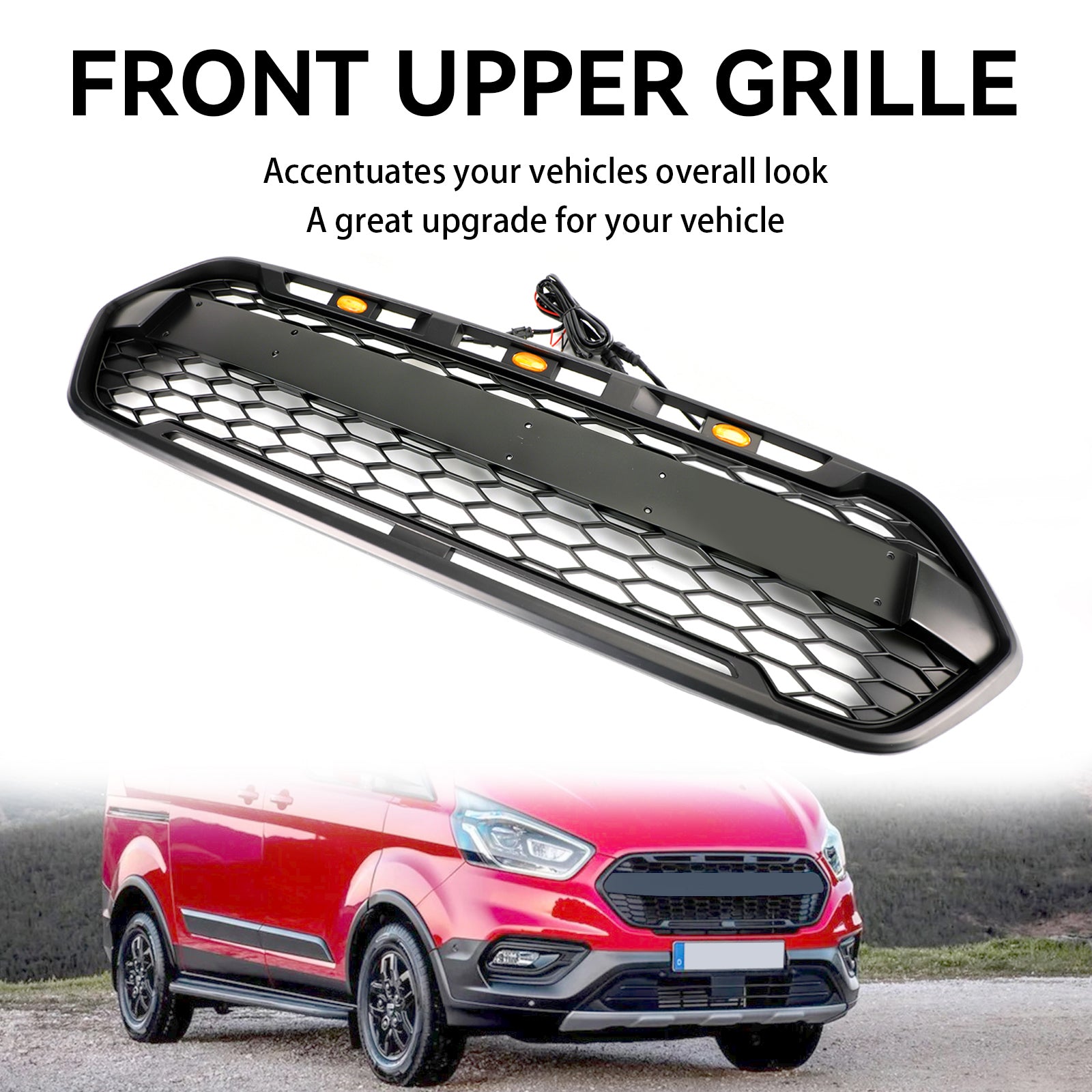 Matzwarte voorbumpergrille voor Ford Transit Custom Trail 2018-2023 met 3LED