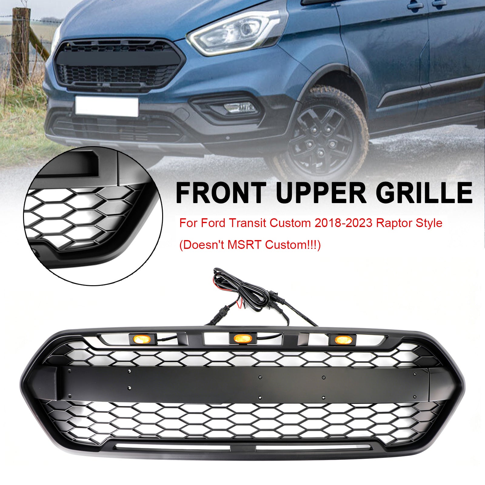 2018-2023 Ford Transit Custom Trail avec 3LED noir mat calandre de pare-chocs avant style Raptor