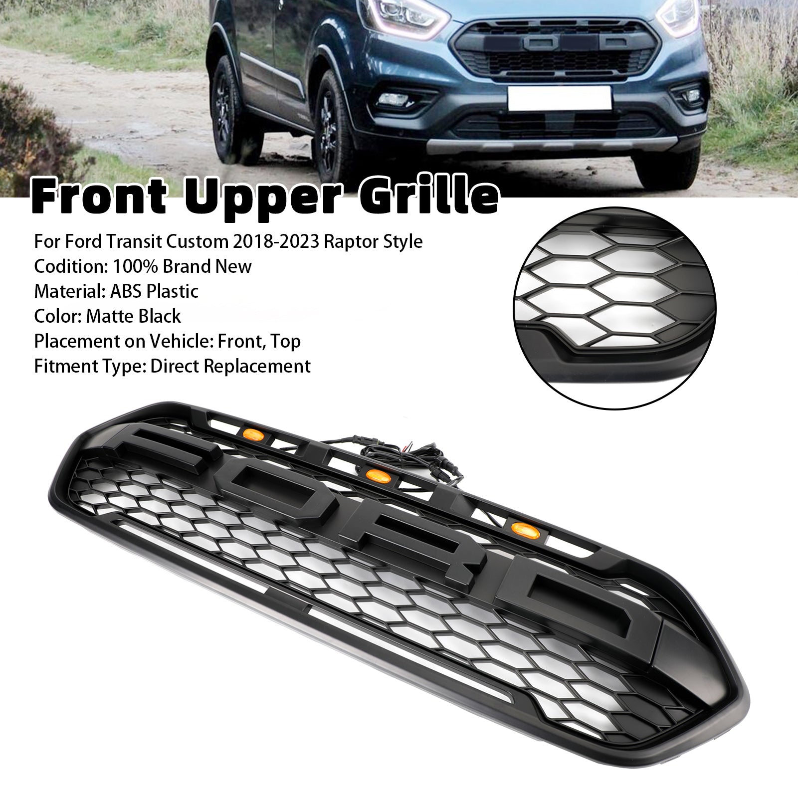 Matte Black Front Bumper Grille pour Ford Transit Custom Trail 2018-2023 W/ 3LED