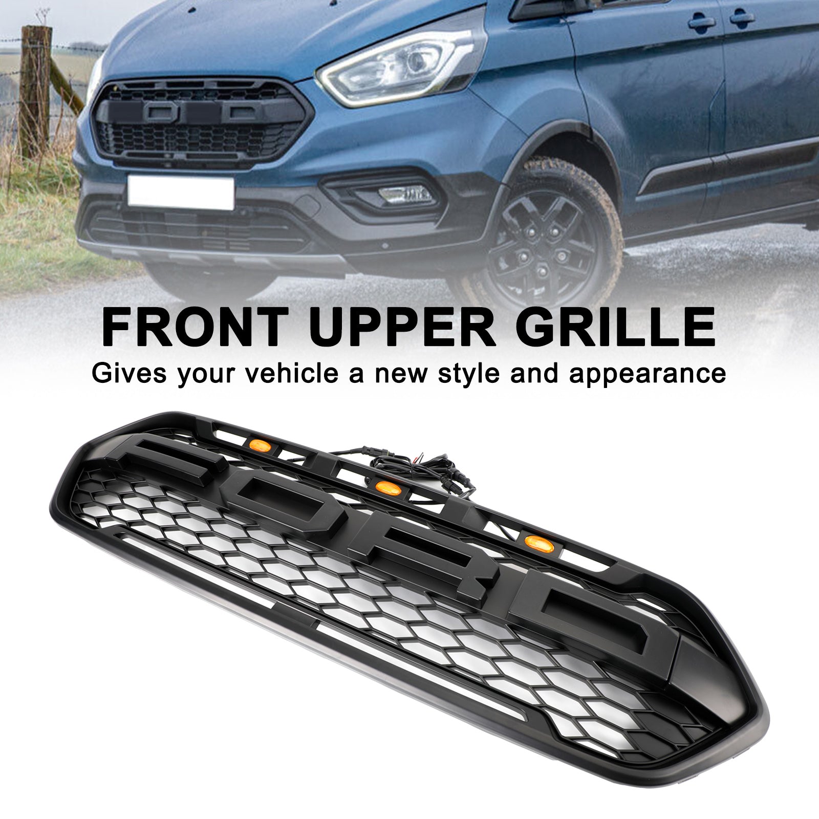 Matte Black Front Bumper Grille pour Ford Transit Custom Trail 2018-2023 W/ 3LED