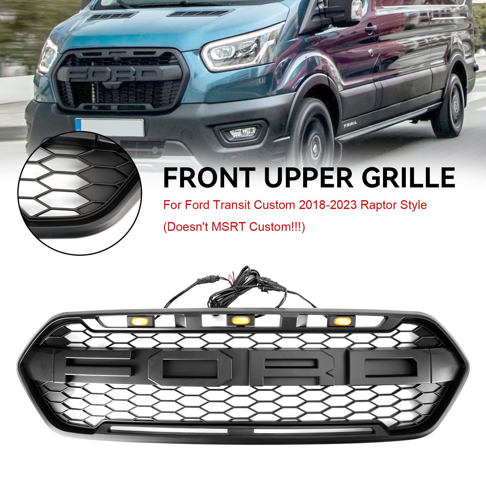 Matte Black Front Bumper Grille pour Ford Transit Custom Trail 2018-2023 W/ 3LED