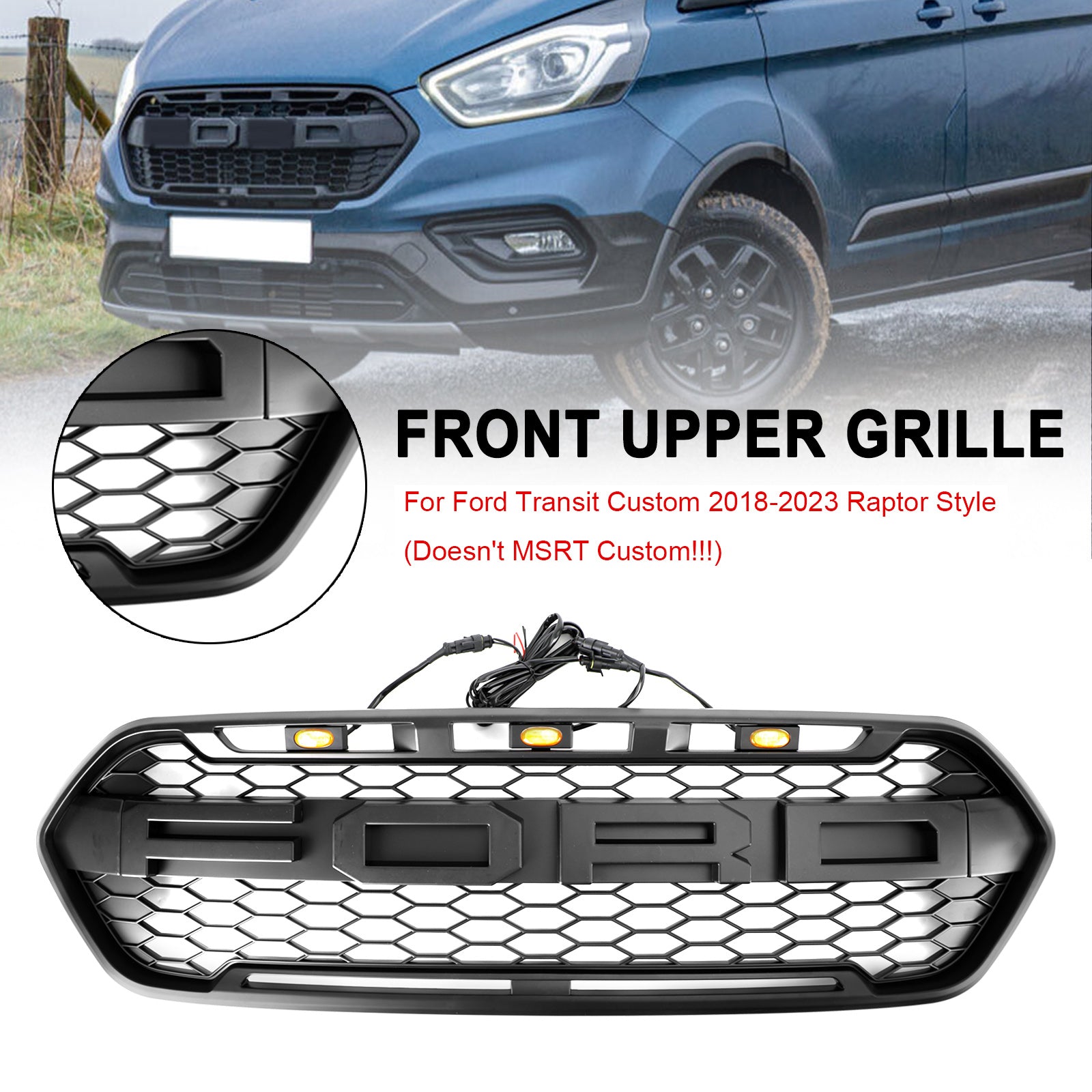 Matte Black Front Bumper Grille pour Ford Transit Custom Trail 2018-2023 W/ 3LED