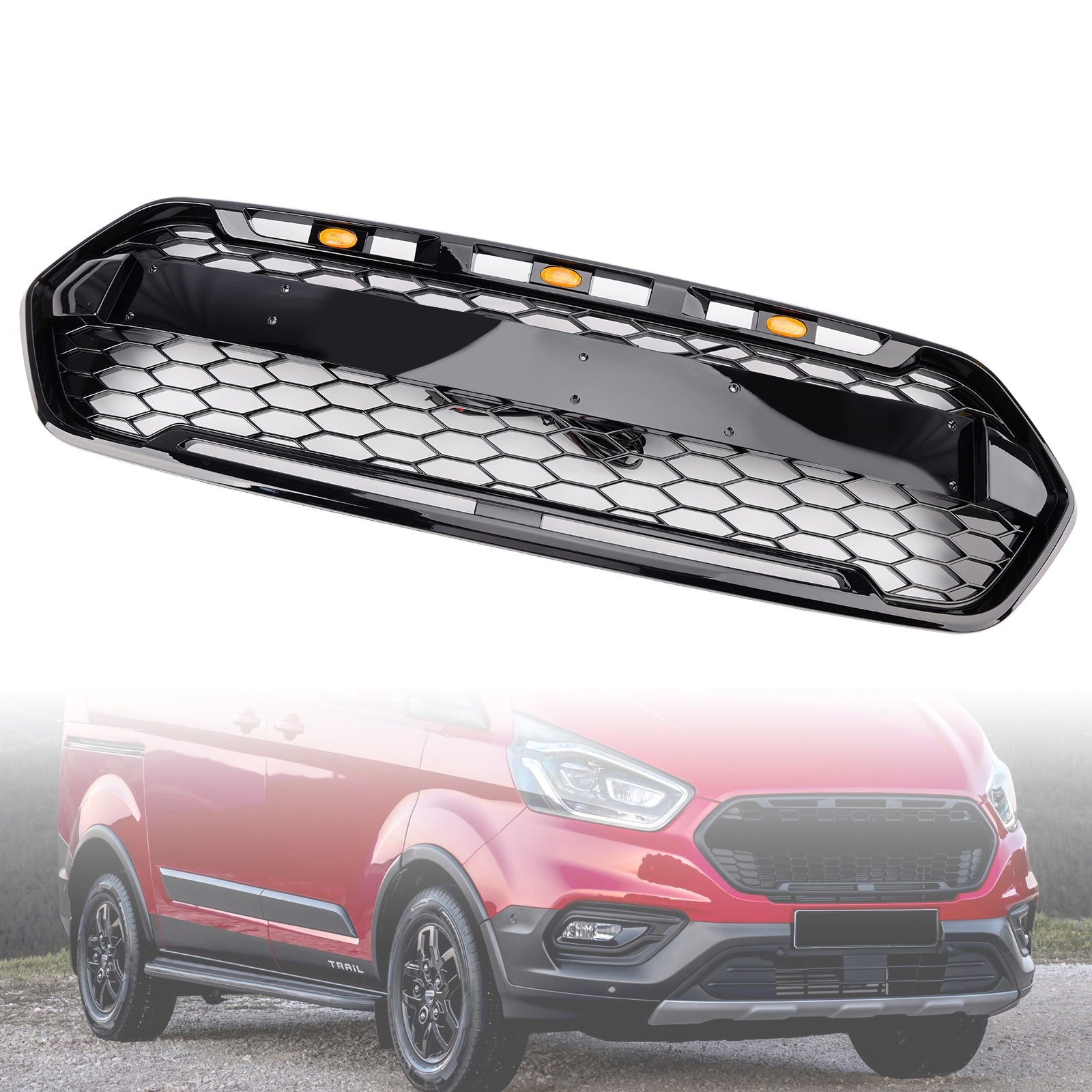 Ford Transit Custom Trail 2018-2023 avec calandre avant à 3 LED noir brillant