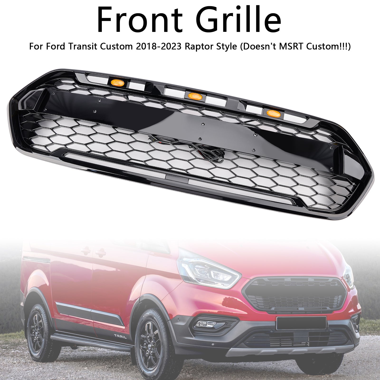 Grille avant style Raptor en nid d'abeille noir brillant pour pare-chocs supérieur Ford Transit Custom / Tourneau Custom (2018-2023)