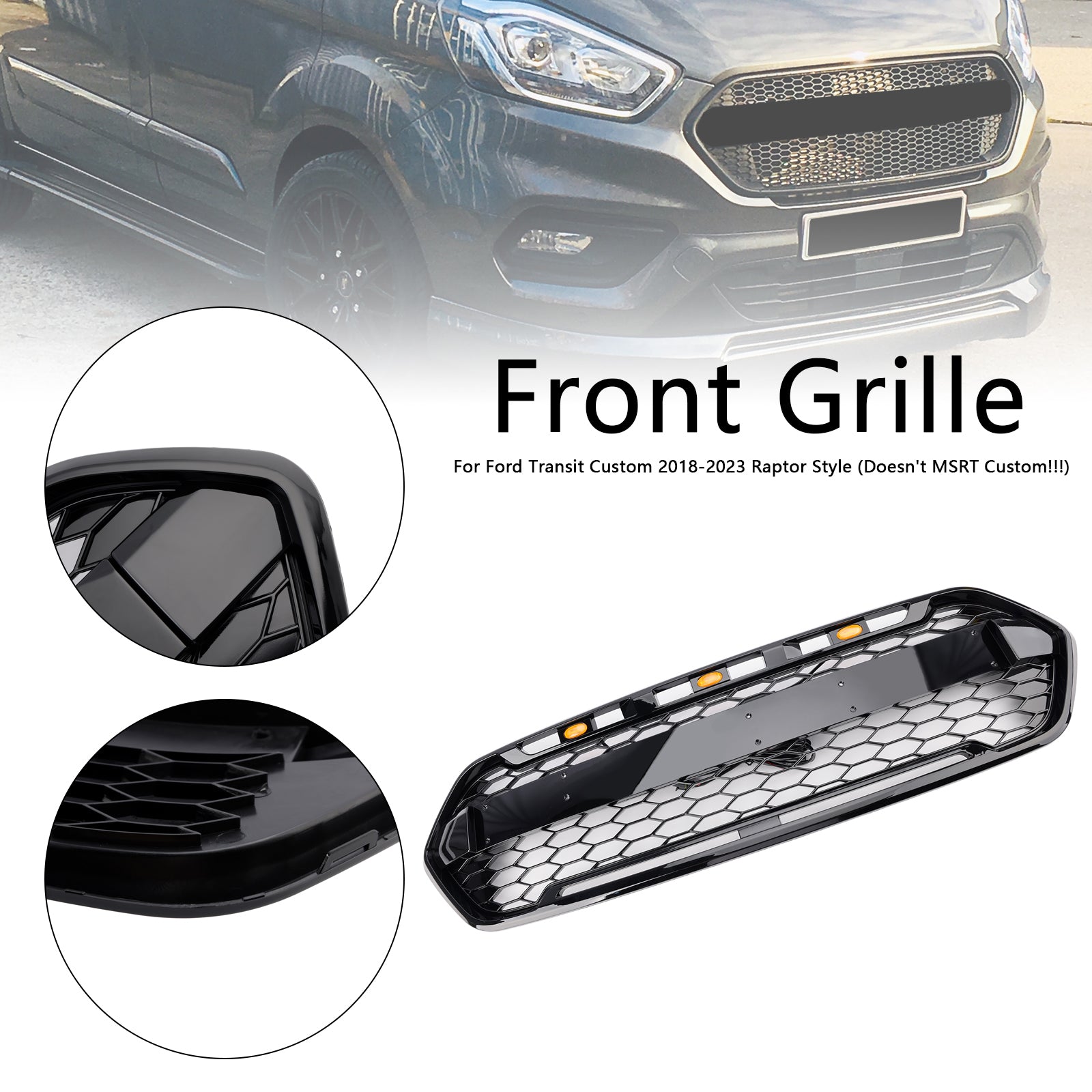 Ford Transit Custom Trail 2018-2023 con griglia anteriore a 3 LED nera lucida