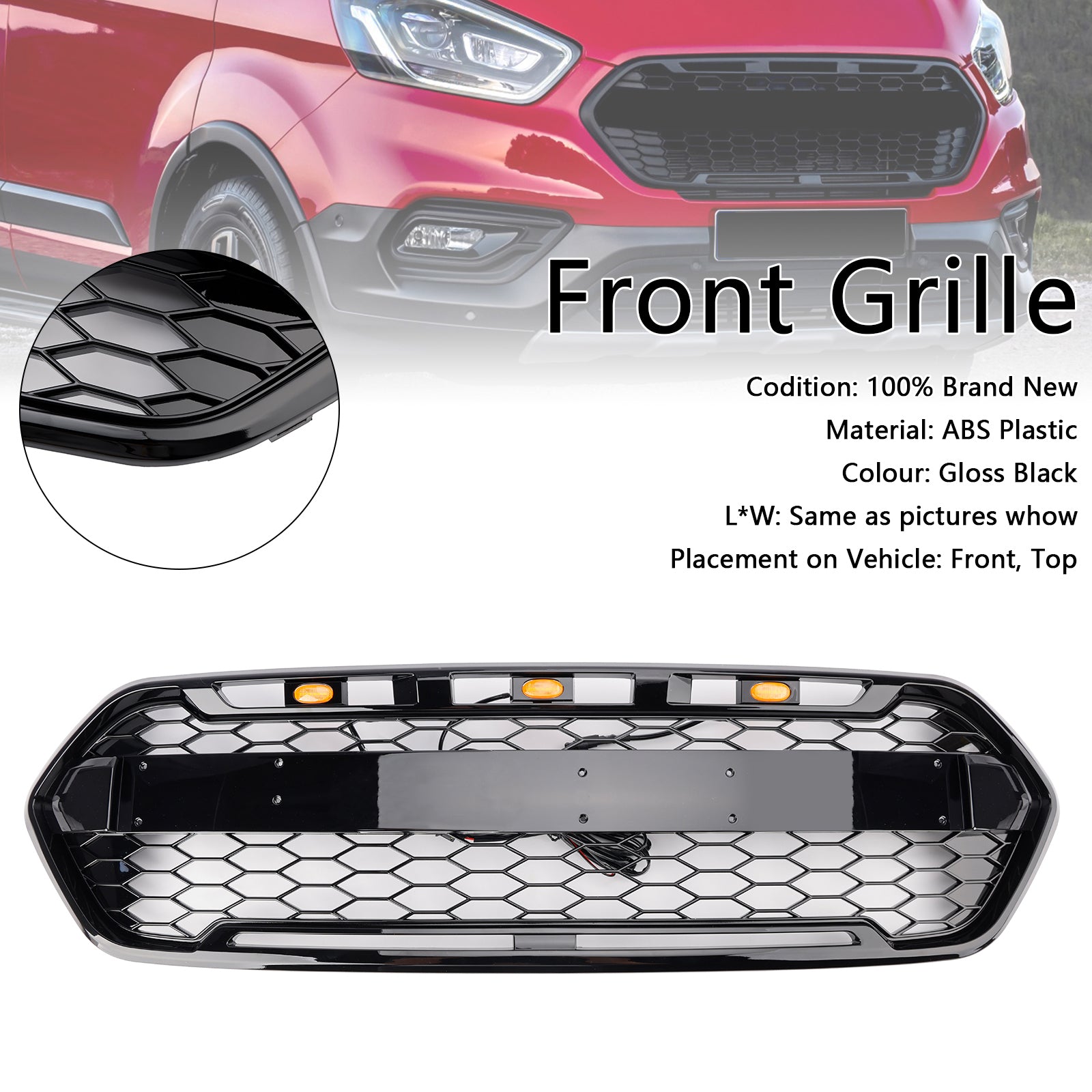 Ford Transit Custom Trail 2018-2023 con griglia anteriore a 3 LED nera lucida