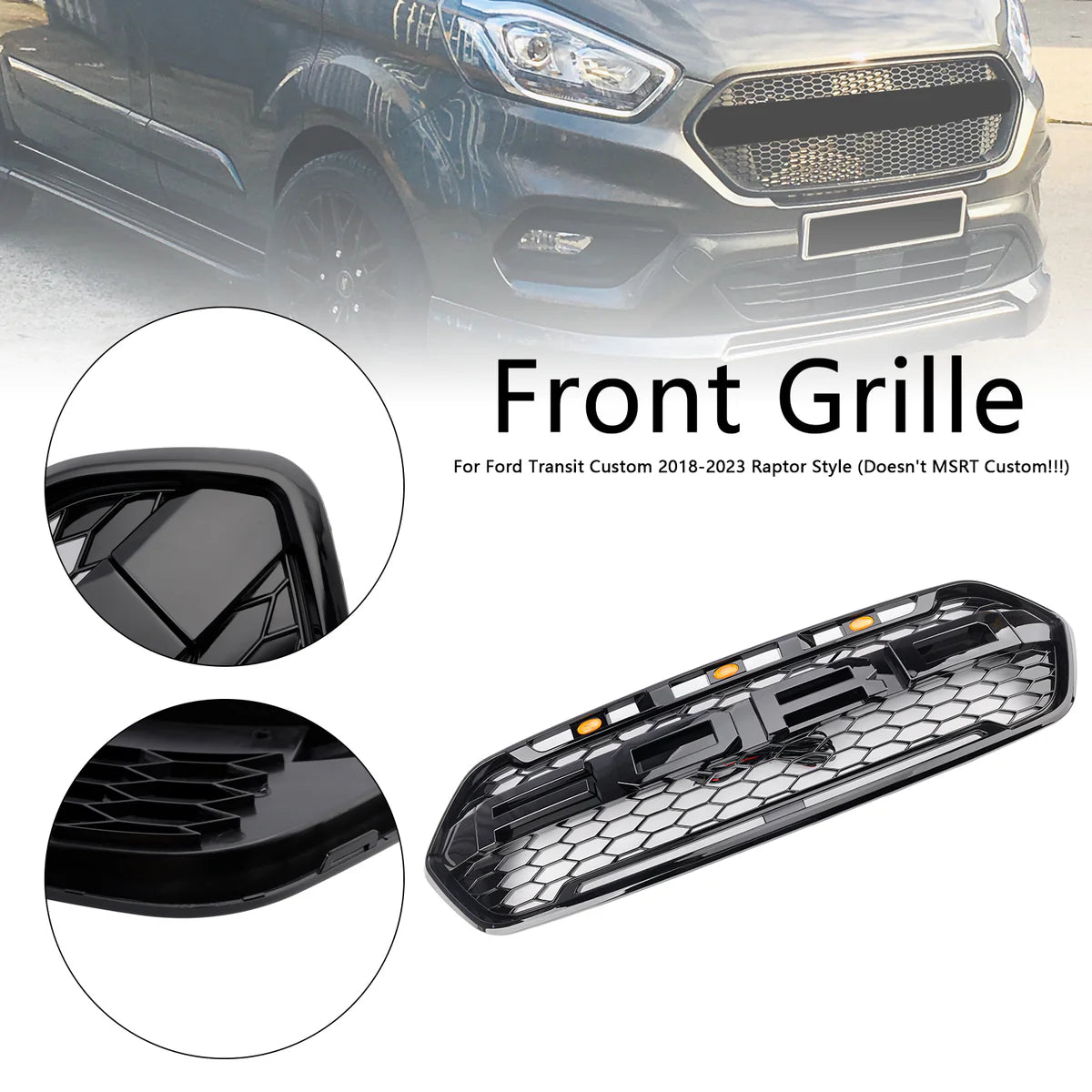 Grilla de parachoques delantero negro brillante para Ford Transit Custom Trail 2018-2023 con 3LED