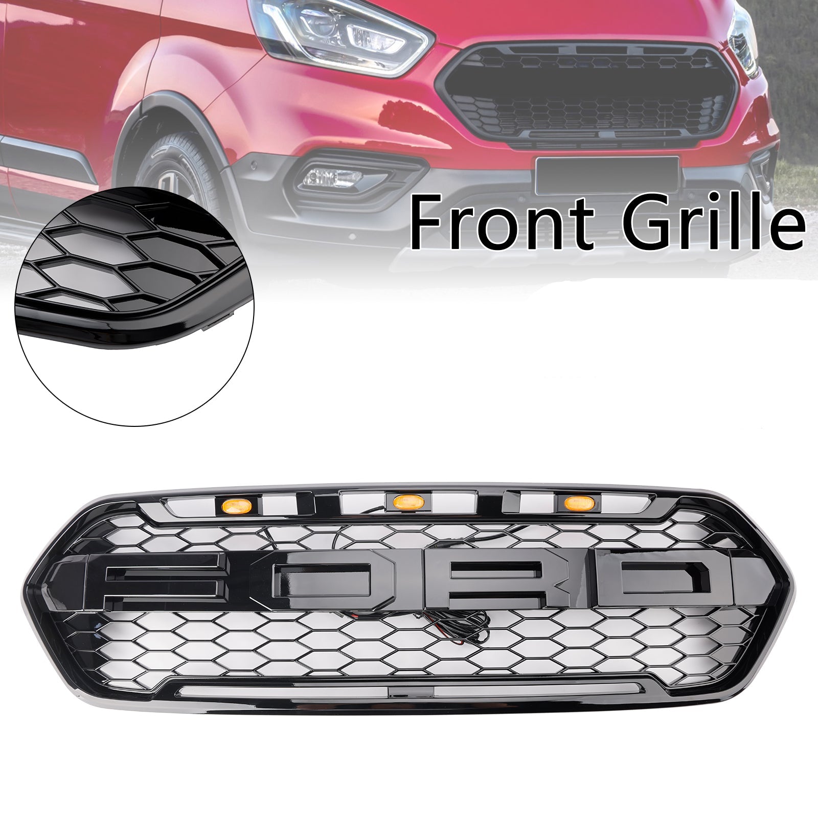 Griglia anteriore in stile Raptor a nido d'ape nero lucido per paraurti superiore del Ford Transit Custom/Tourneau Custom (2018-2023)