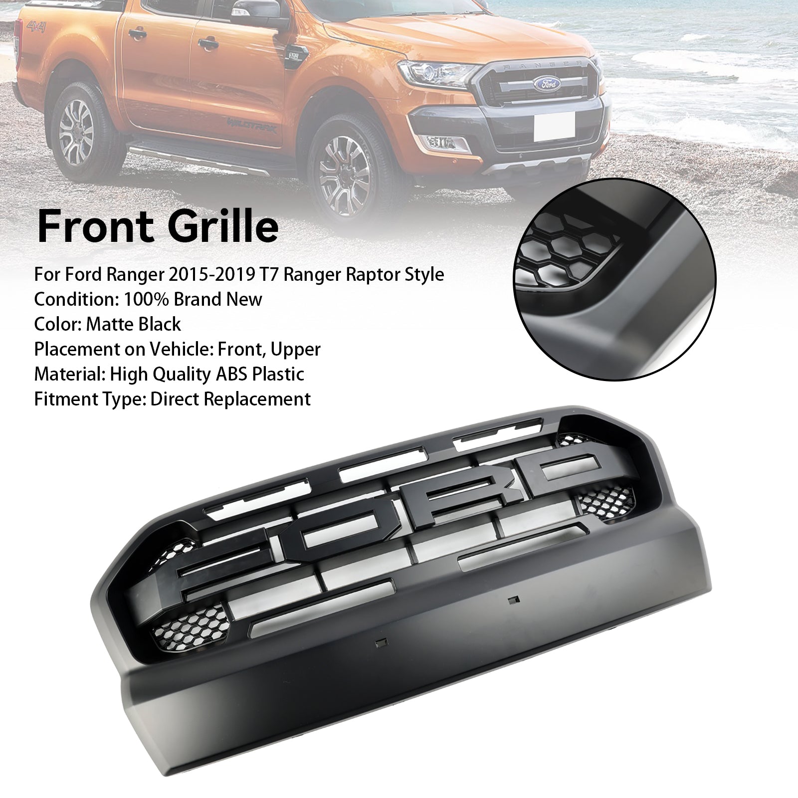 Sostituzione della griglia anteriore per Ford Ranger T7 Wildtrak 2015-2019 in stile Raptor, Matt Black Grid