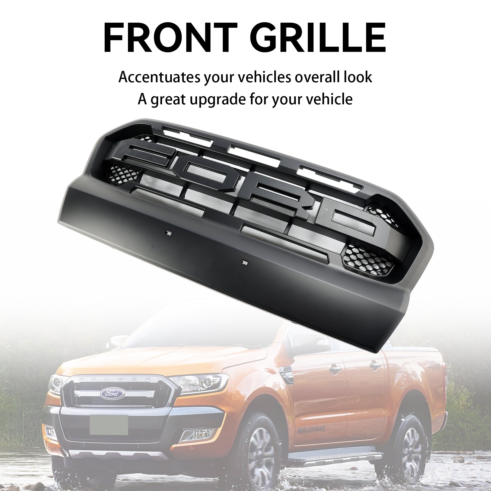 Sostituzione della griglia anteriore per Ford Ranger T7 Wildtrak 2015-2019 in stile Raptor, Matt Black Grid