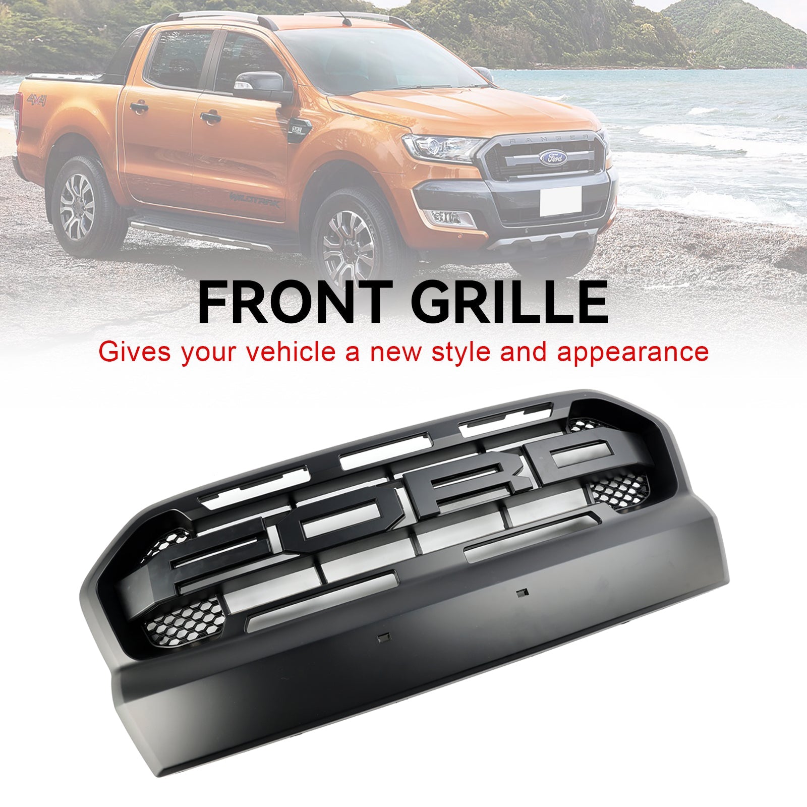 Sostituzione della griglia anteriore per Ford Ranger T7 Wildtrak 2015-2019 in stile Raptor, Matt Black Grid