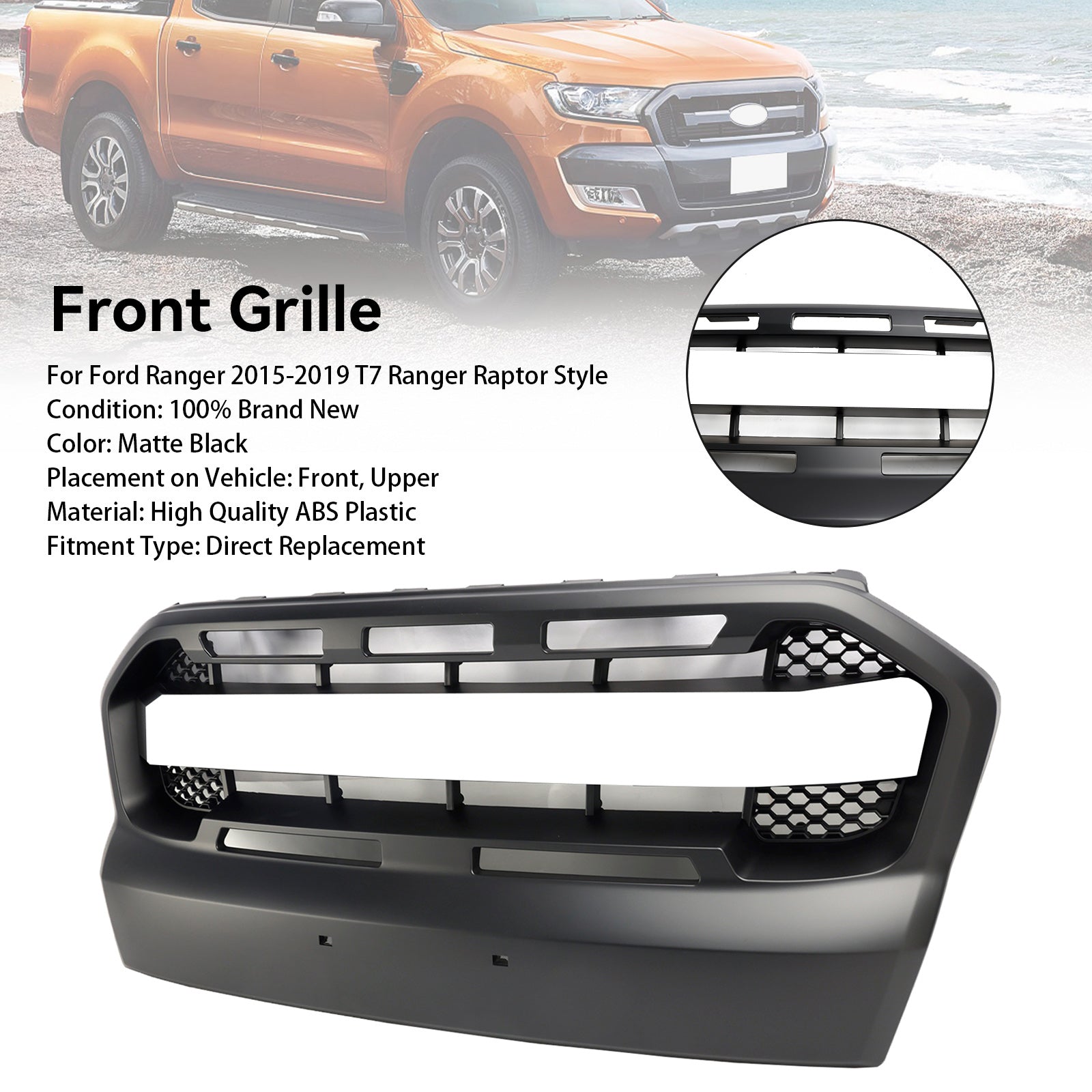 Grille Ford Ranger T7 2015 2019 Raptor Style Mat Zwart Compatibel met alle modellen