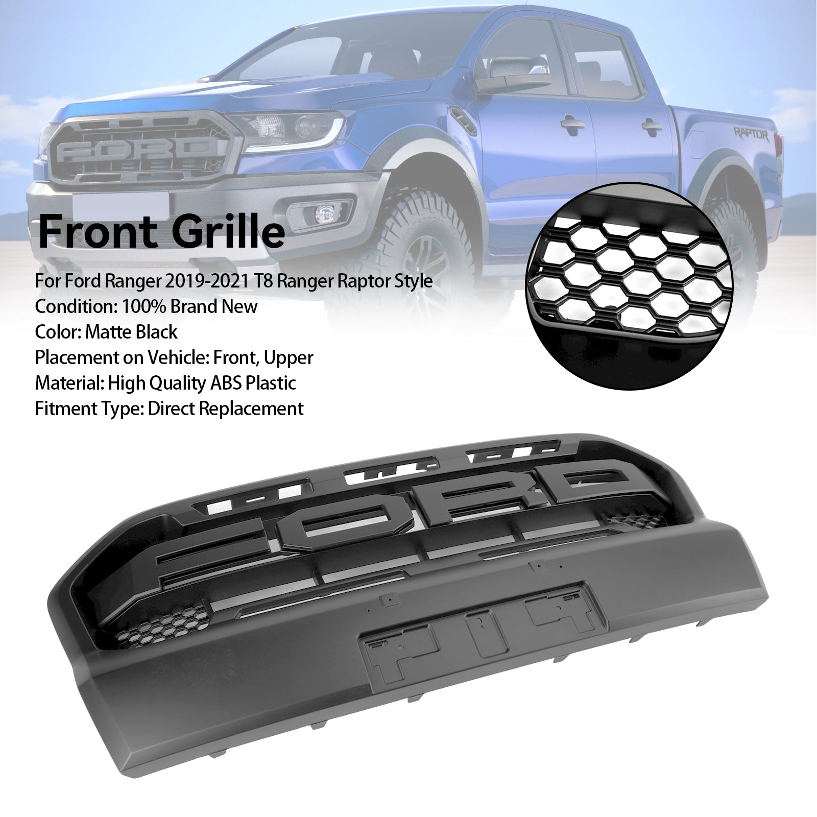 2019-2023 T8 Ford Ranger Ranger Raptor Style Grille de Chocs Front Black Matt