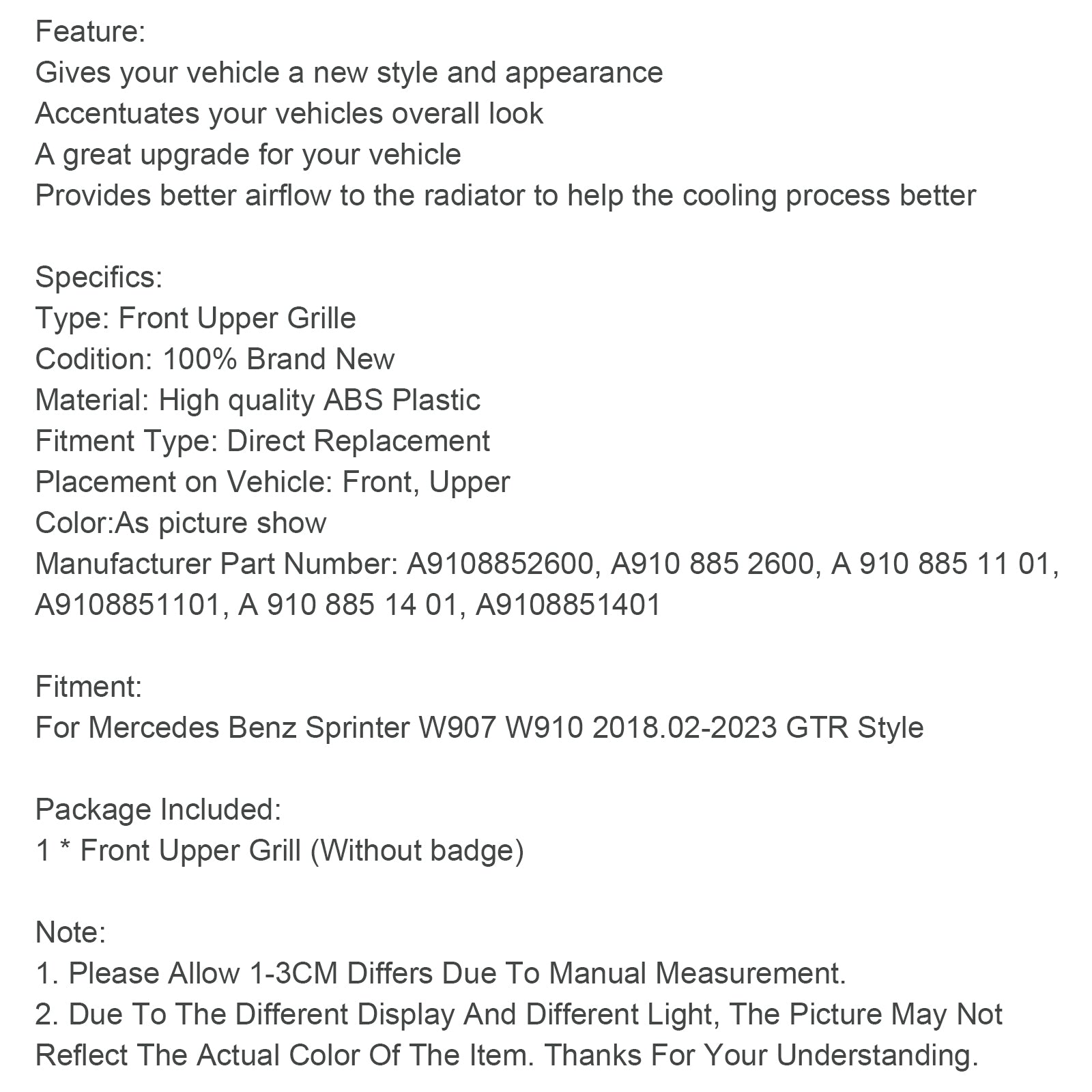 Grille de pare-chocs avant compatible avec Mercedes Sprinter W907 W910 2018-2023