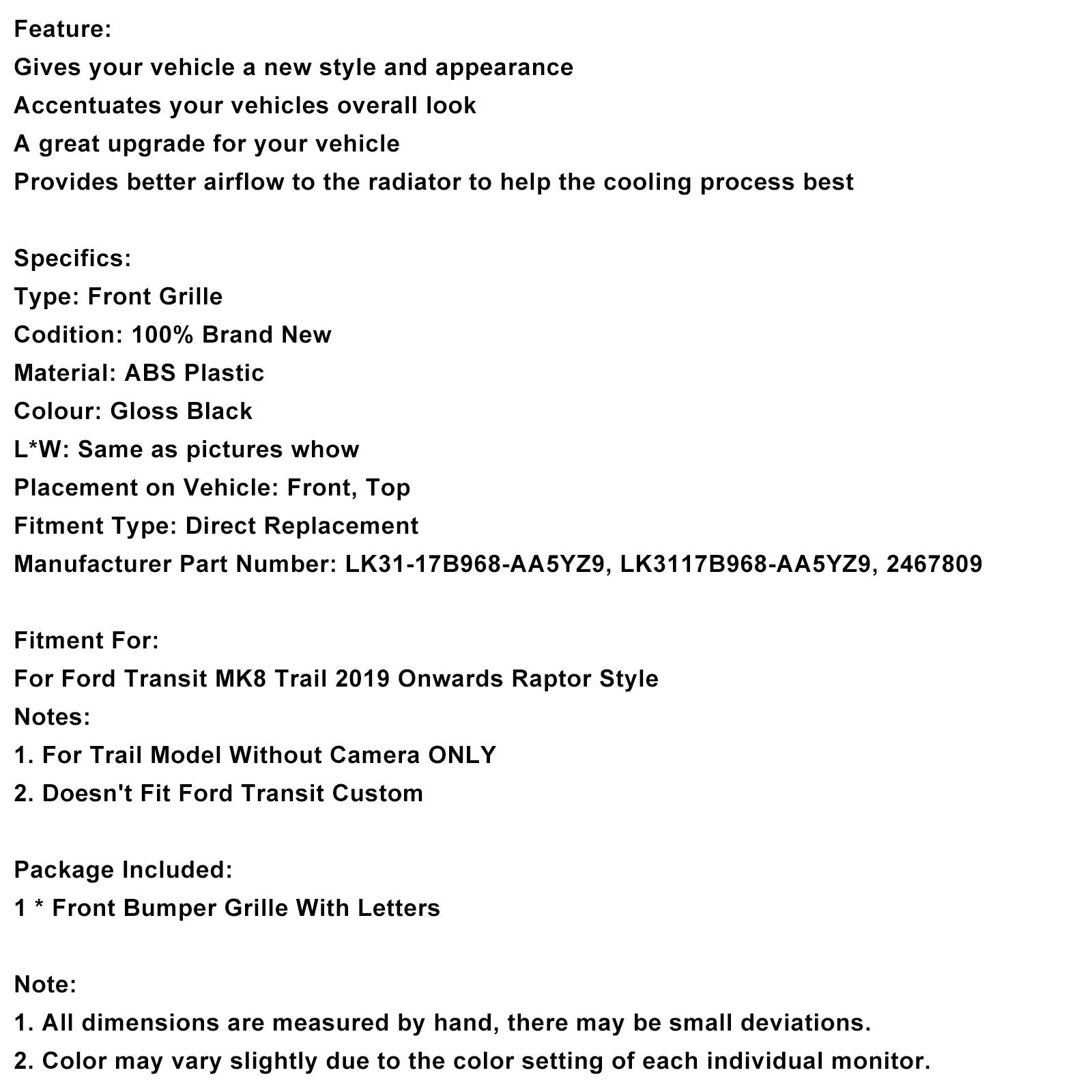 Griglia paraurti anteriore Raptor Style per Ford Transit MK8 Trail dal 2019 in poi (2467809)