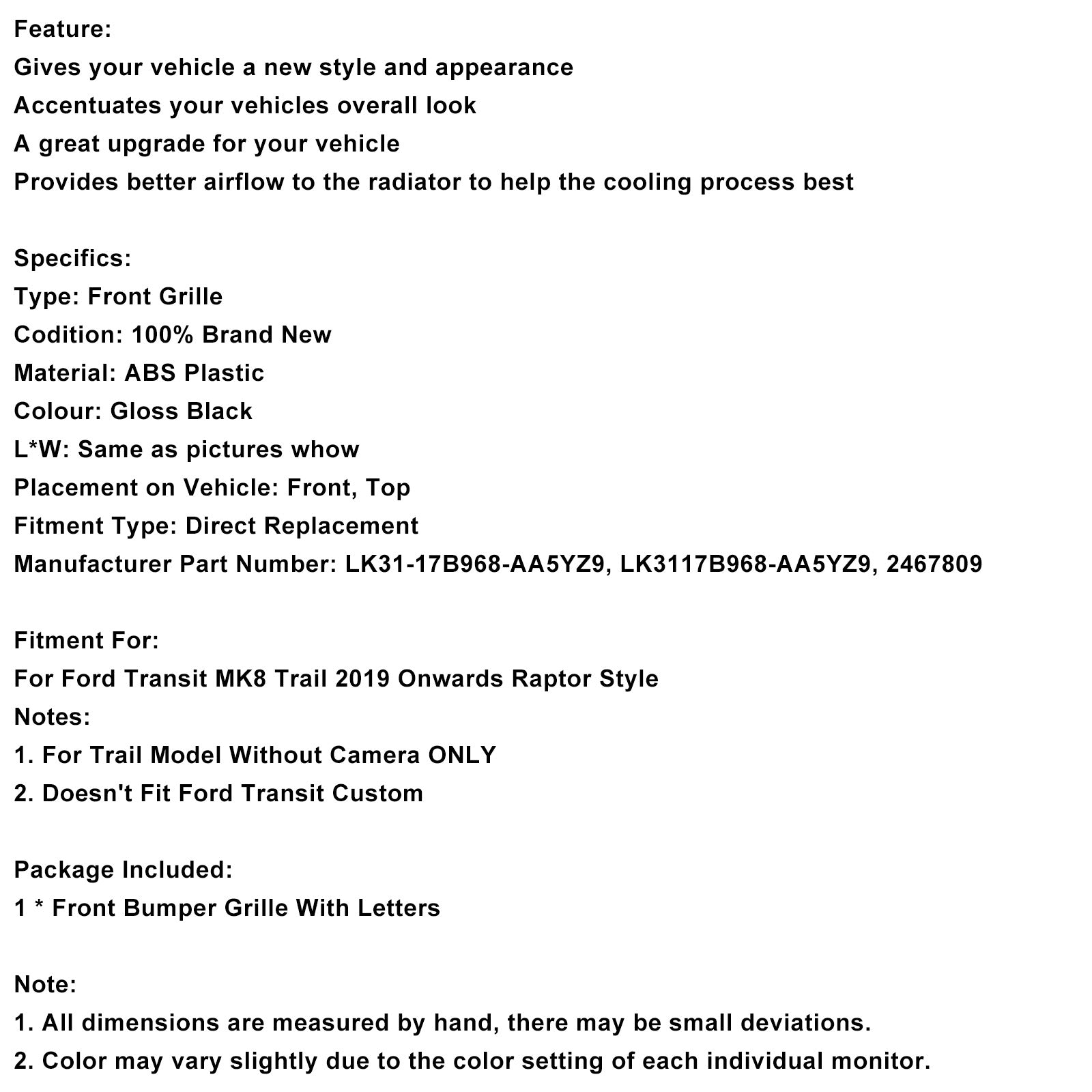 Sijajno črna ABS prednja maska za Ford Transit MK8 2019-2025 - neposredna zamenjava Raptor Style - del #2467809/LK31-17B968-AA5YZ9