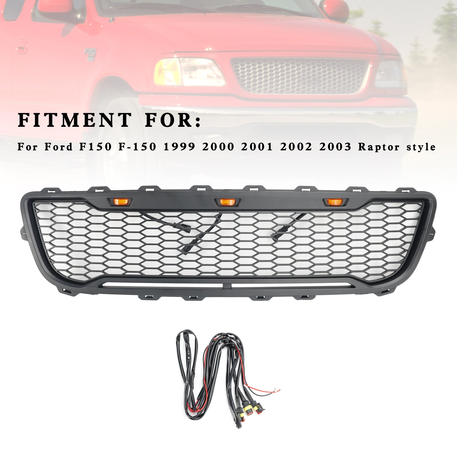 Przednia siatka zderzaka w Matt Black Honeycomb Raptor dla Forda F150 1999-2003 z LED
