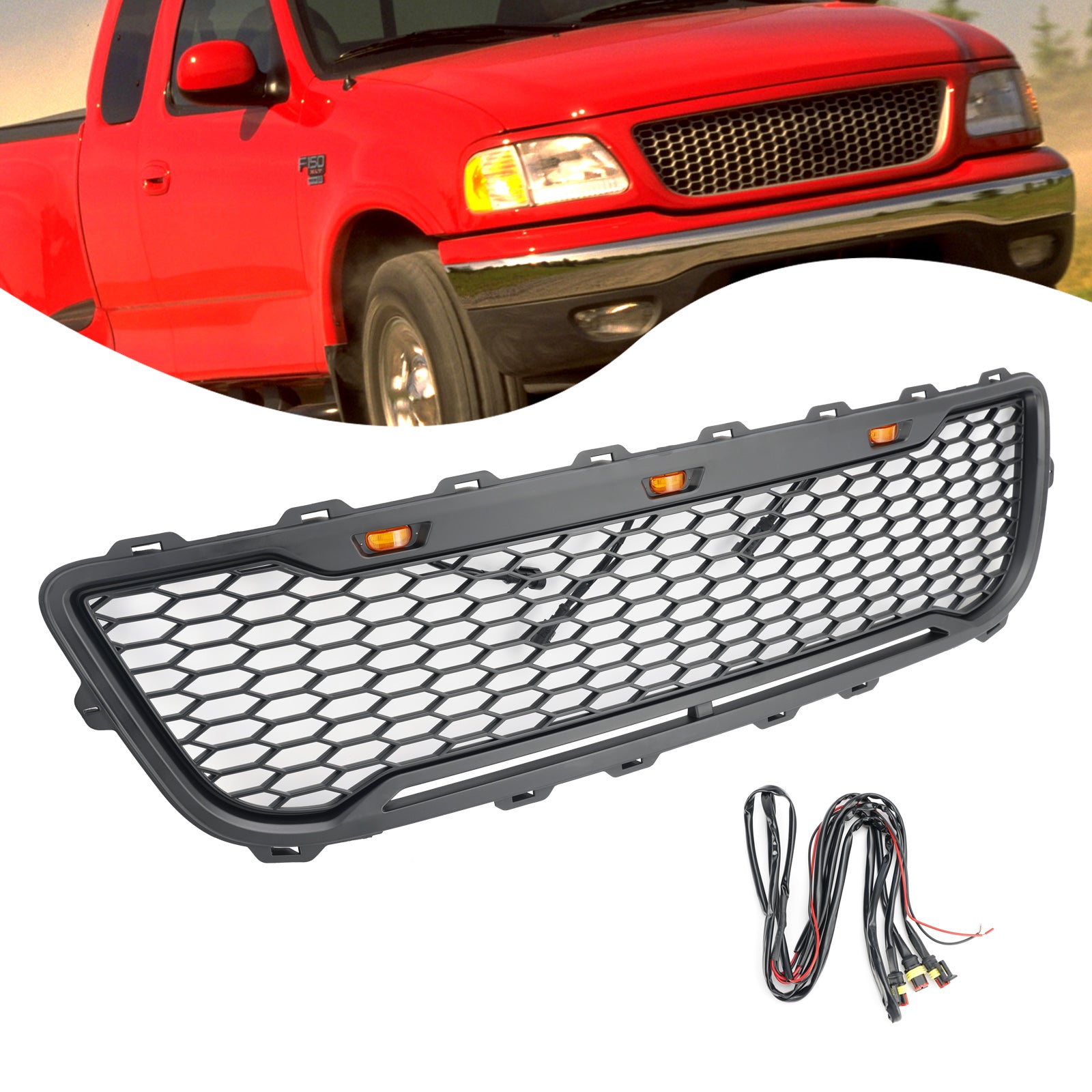 Przednia siatka zderzaka w Matt Black Honeycomb Raptor dla Forda F150 1999-2003 z LED