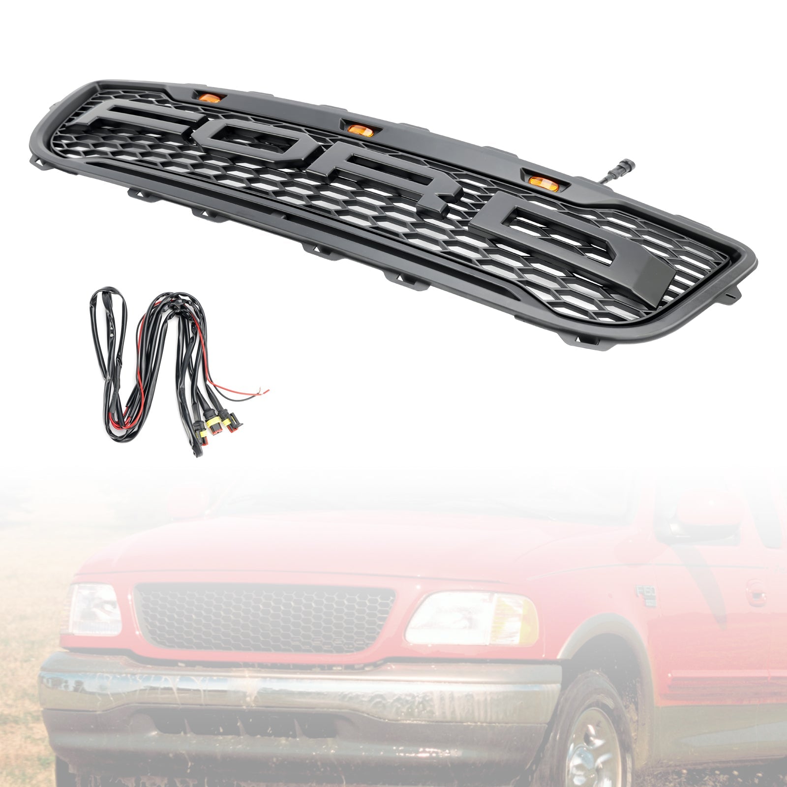 Grid del parachoques delantero en Matt Black Honeycomb Raptor para Ford F150 1999-2003 con LED