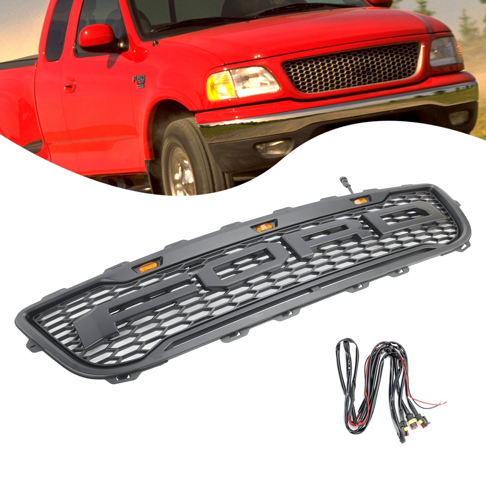 Grid del parachoques delantero en Matt Black Honeycomb Raptor para Ford F150 1999-2003 con LED