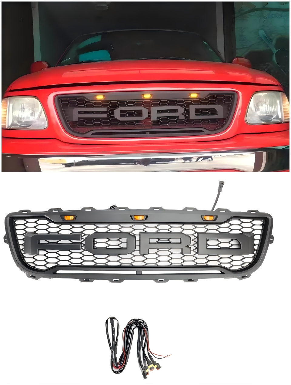 Grid del parachoques delantero en Matt Black Honeycomb Raptor para Ford F150 1999-2003 con LED
