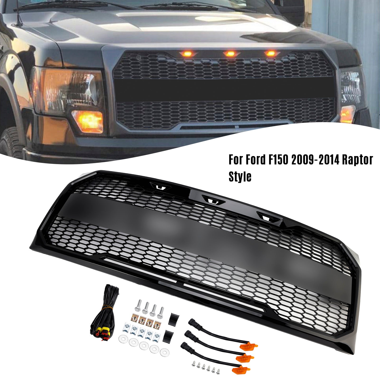 Calandre de pare-chocs avant style Raptor noir brillant compatible avec Ford F150 2009-2014