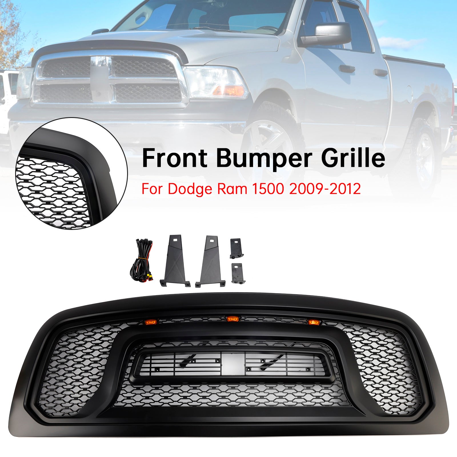 Czarna przednia osłona zderzaka z lampkami LED do Dodge Ram 1500 (2009-2012)