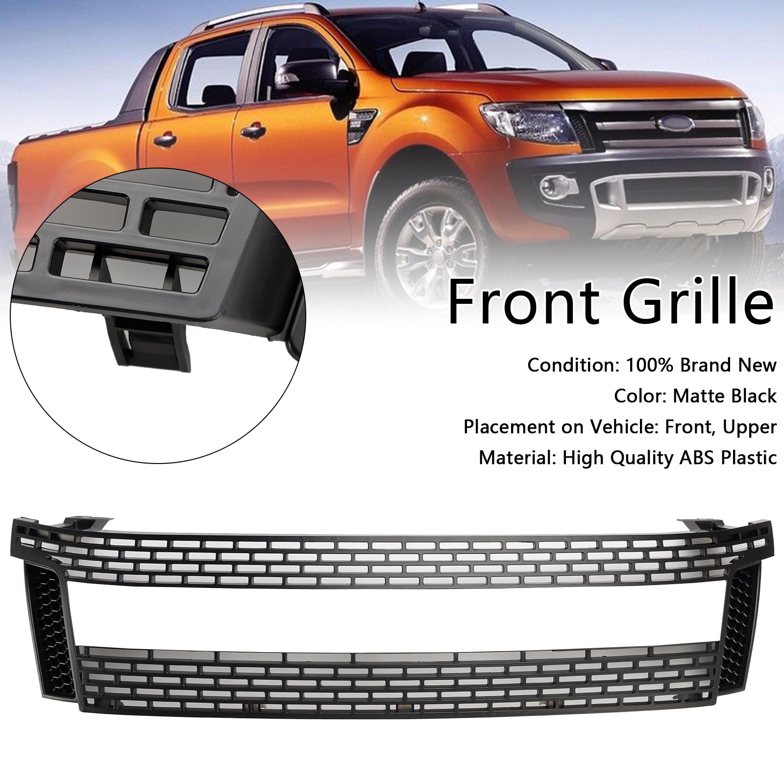 2012-2015 Ford Ranger T6 PX1 Raptor sprednja rešetka, zgornji odbijač, mat črna zamenjava rešetke z LED lučmi